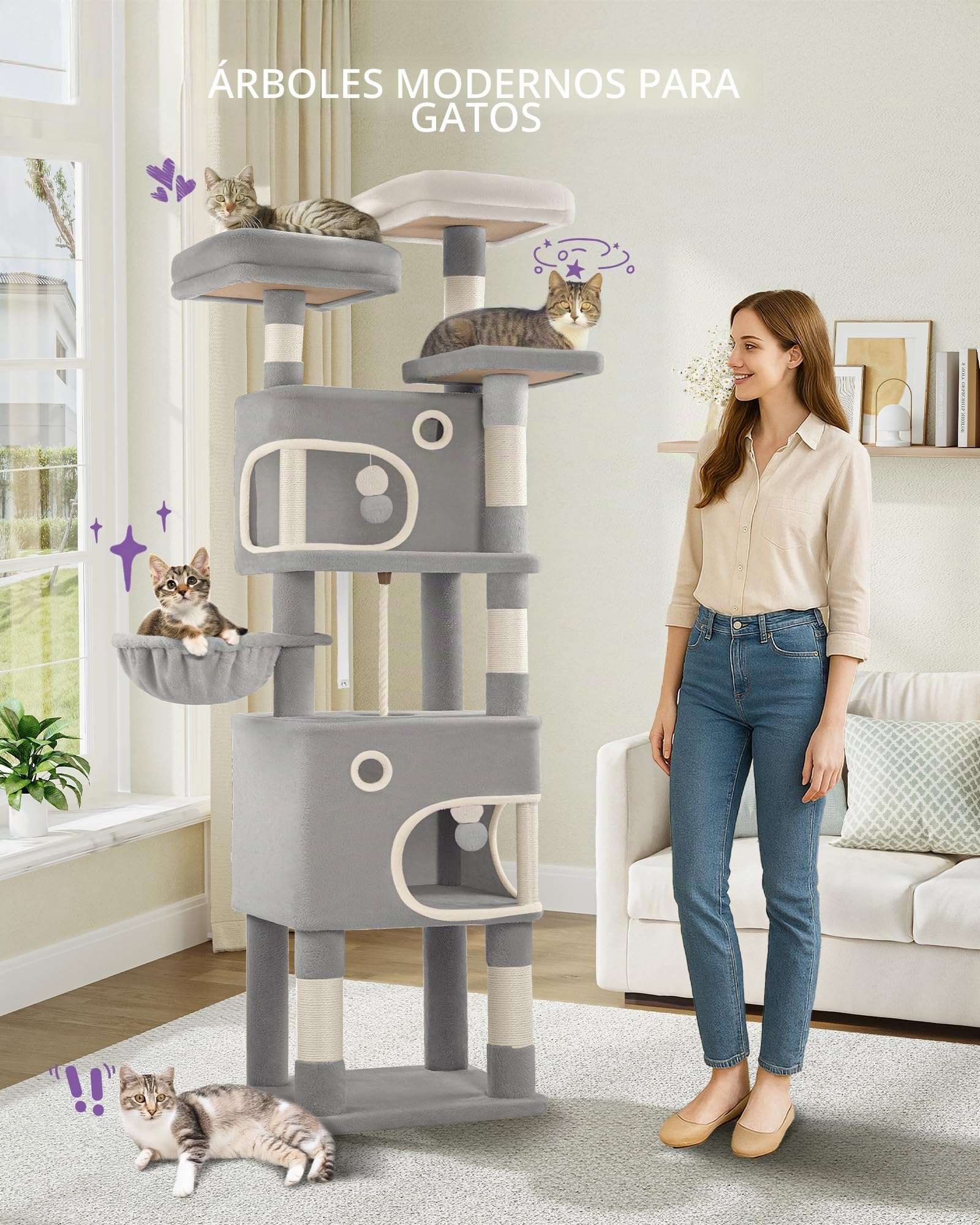 Hzuaneri Árbol para Gatos de 180 cm con 8 Postes Rascadores, 3 Plataformas, 2 Cuevas, Cesta, Bolas de Peluche y Cuerda de Sisal, Apto para Gatos de Todos Los Tamaños, Gris Claro MS18018LG
