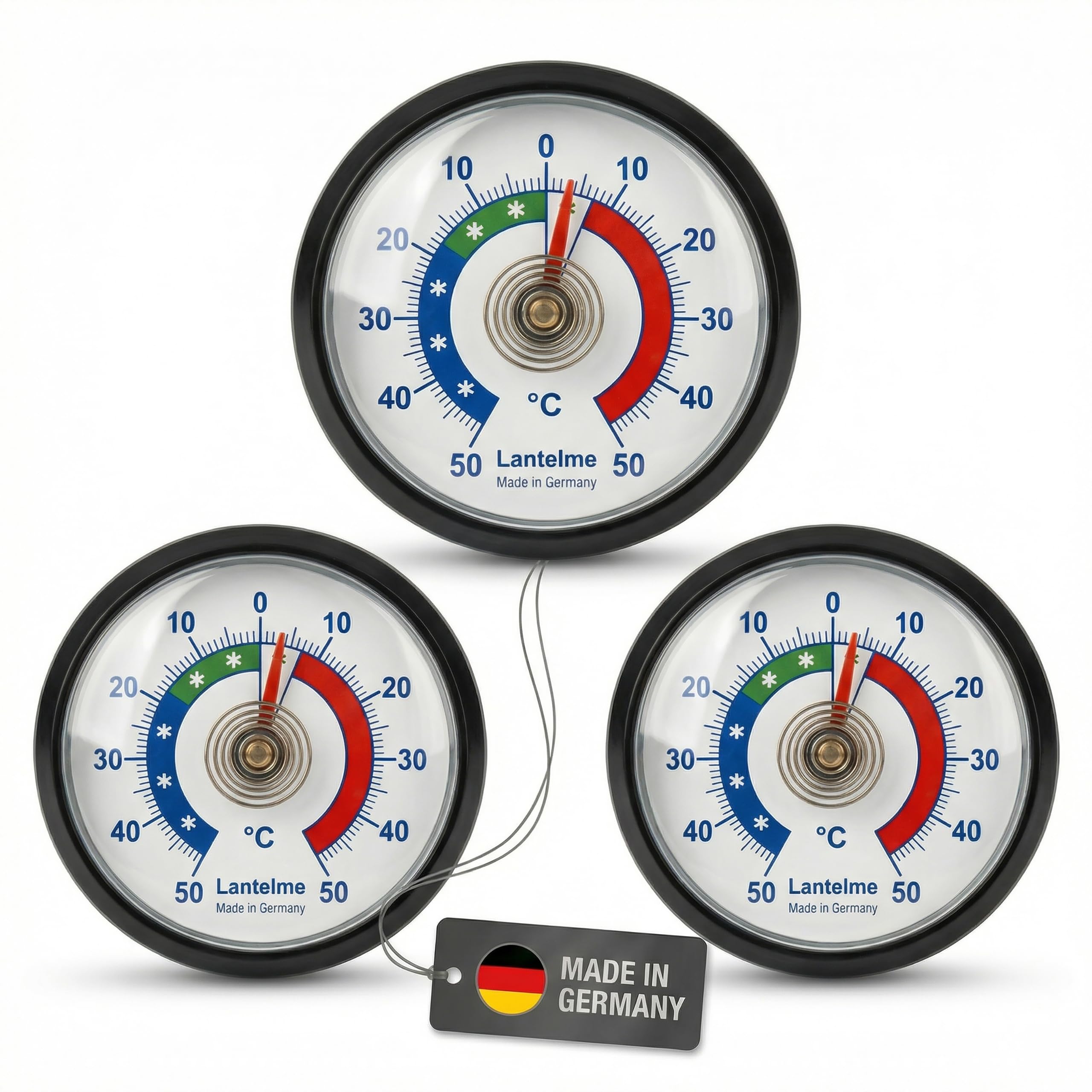 Lantelme 3 Stück Kühlschrankthermometer selbstklebend Temperaturanzeige + - 50°C | Analog Thermometer Set für Gefrierschrank Eisfach Kühltheke Kühlfach Kühlschrank zum ankleben Bimetall (Schwarz)