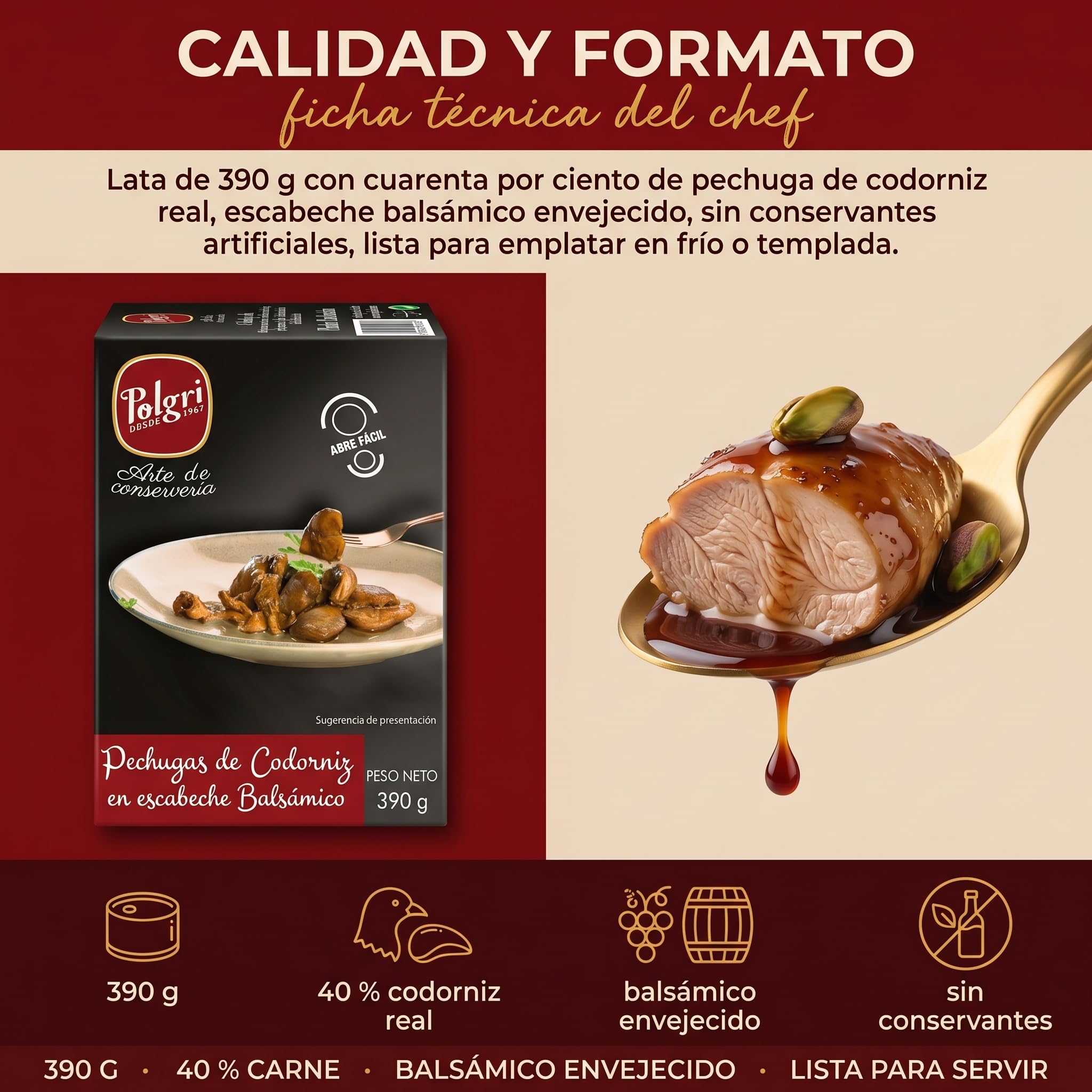 POLGRI Pechugas de Codorniz en Escabeche Balsamico Conserva Gourmet 390 g x 3 latas