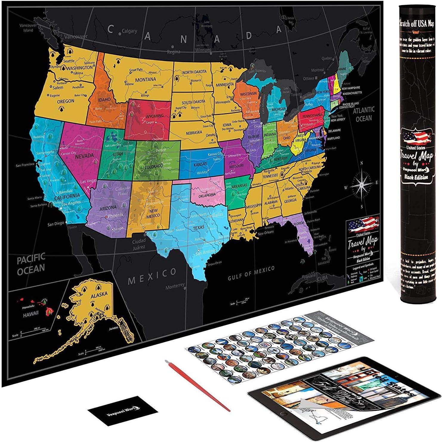US Map w/ Scratch Off Ink by VespucciWorld (24x17" Glossy Laminated) Beautiful Wall Poster to Show Off Your United States Travel Destinations - Unique Accessories Set & 54 USA Landmarks Ebook