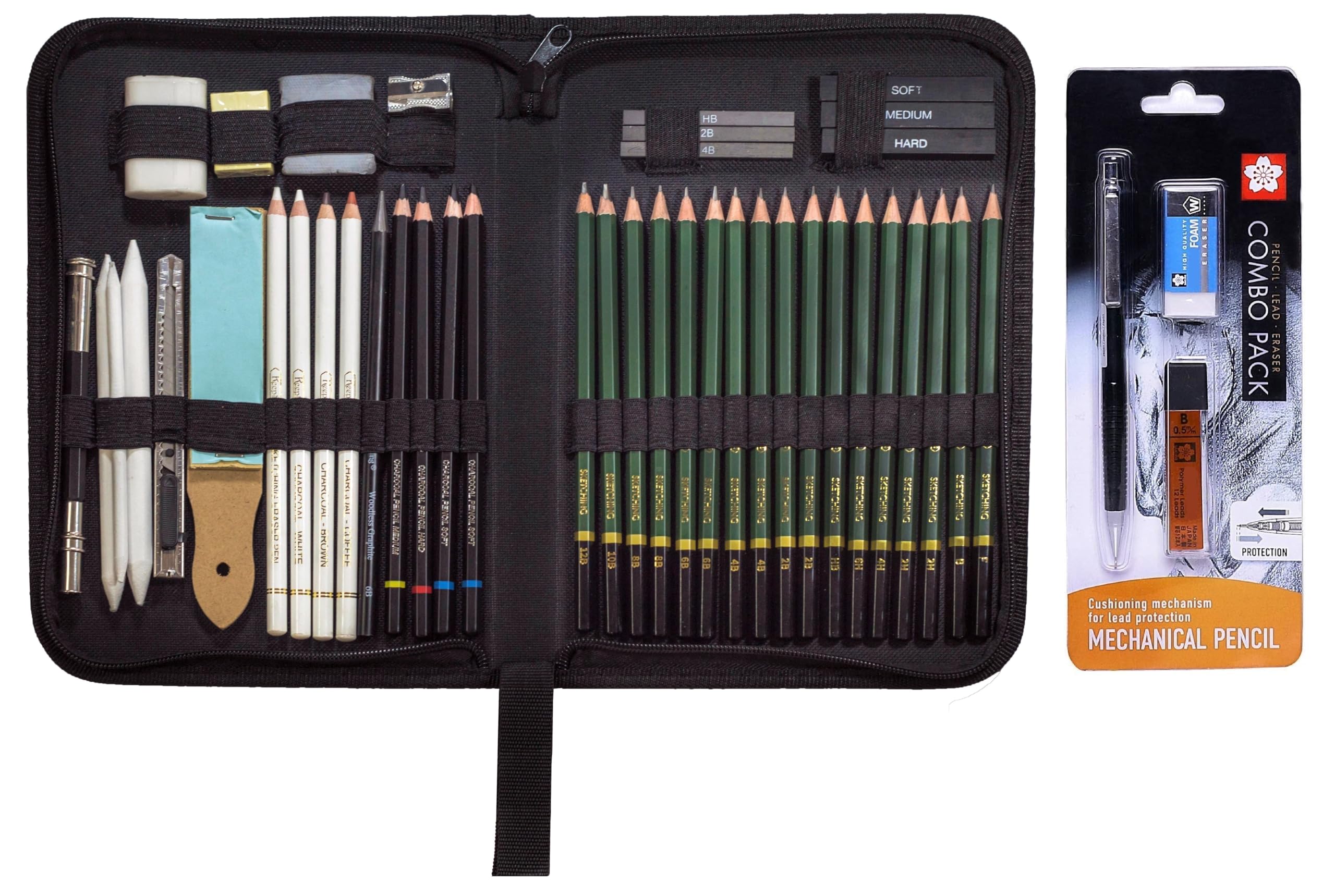 ChiggiWiggi 42 Pcs Sketching & Drawing Professional Artist Drawing and Sketching Set for Artist & Beginners in Zippered Carrying Case with 1 Sakura Mechanical Drawing and Sketching Pencil B 0.5 MM