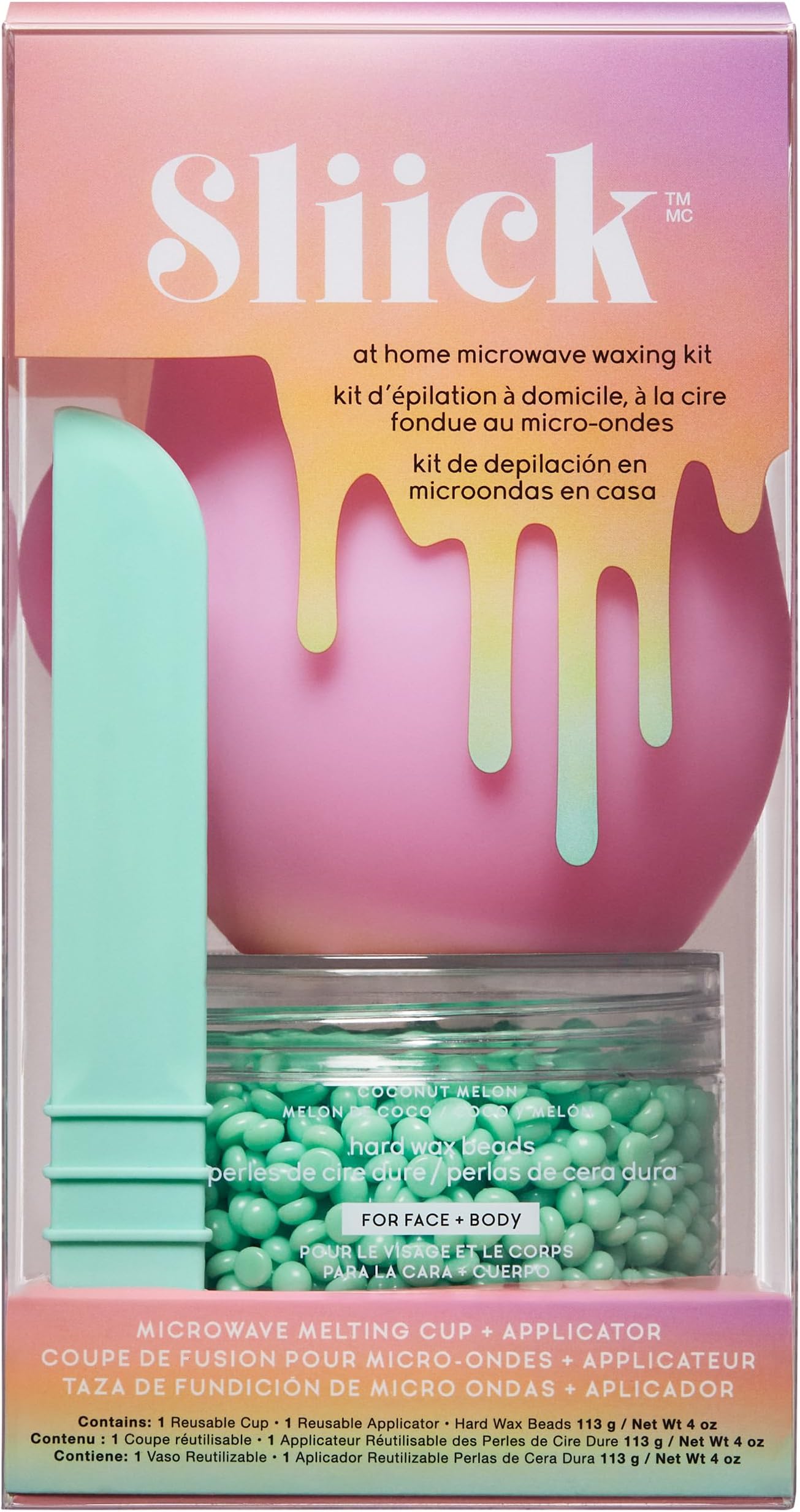 Sliick At Home Waxing Kit for Women, Pink – Coconut Melon, Hard Wax Kit for Hair Removal, Microwave Melting Cup, Applicator & Beads, At Home Wax Set