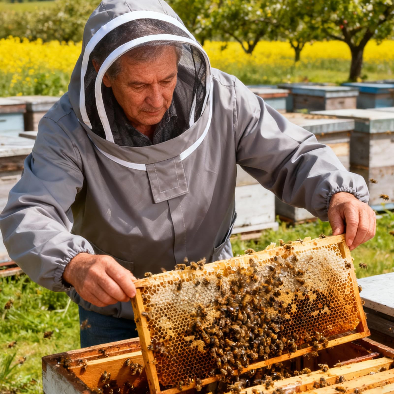 Bienenanzug mit Schleier, professionelle Imkerjacke, Bienenjacke, Bienenzucht-Kittel, Schutzanzug, Bienenanzug-Kittel mit doppelten Reißverschlüssen für Imker (Grau)