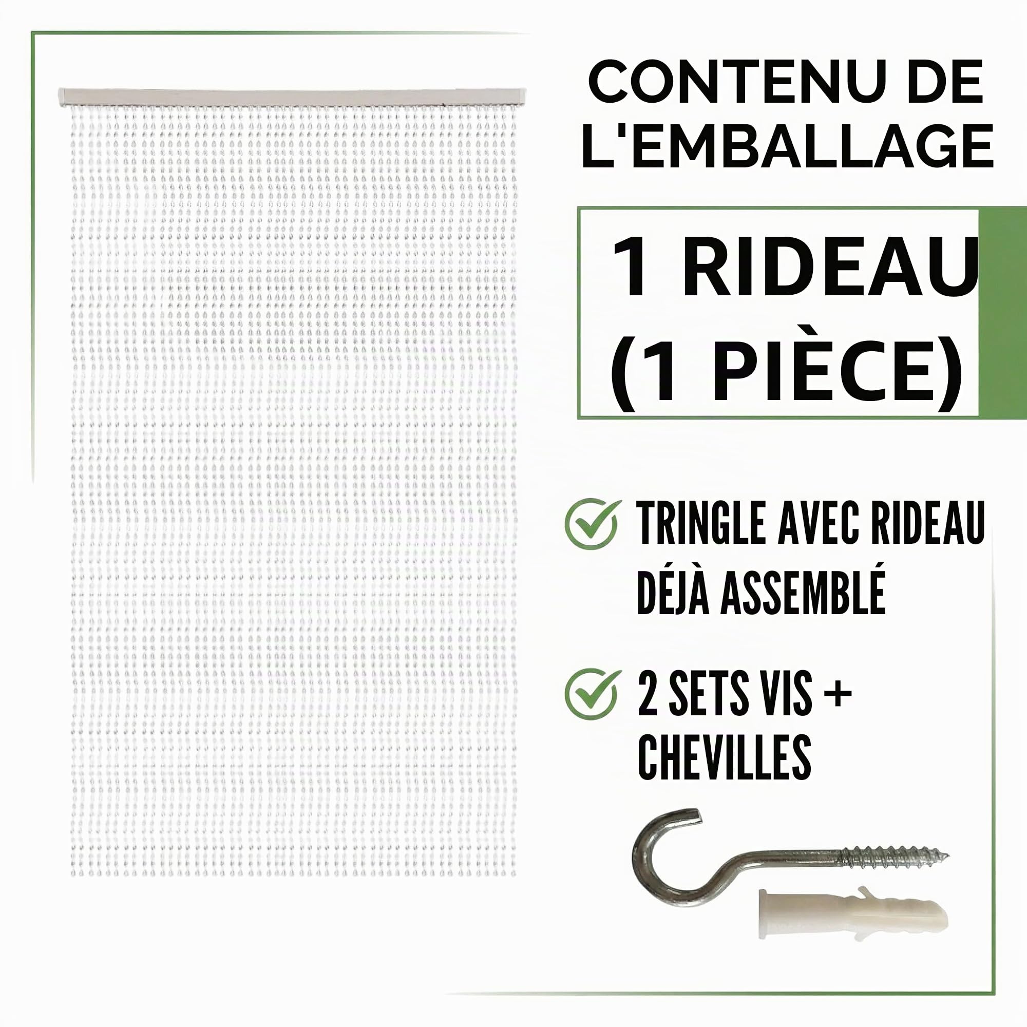 Rideau à fils avec perles transparentes pour porte et fenêtre - tige PVC et fils décoratifs en polyester - 120 x 220 cm