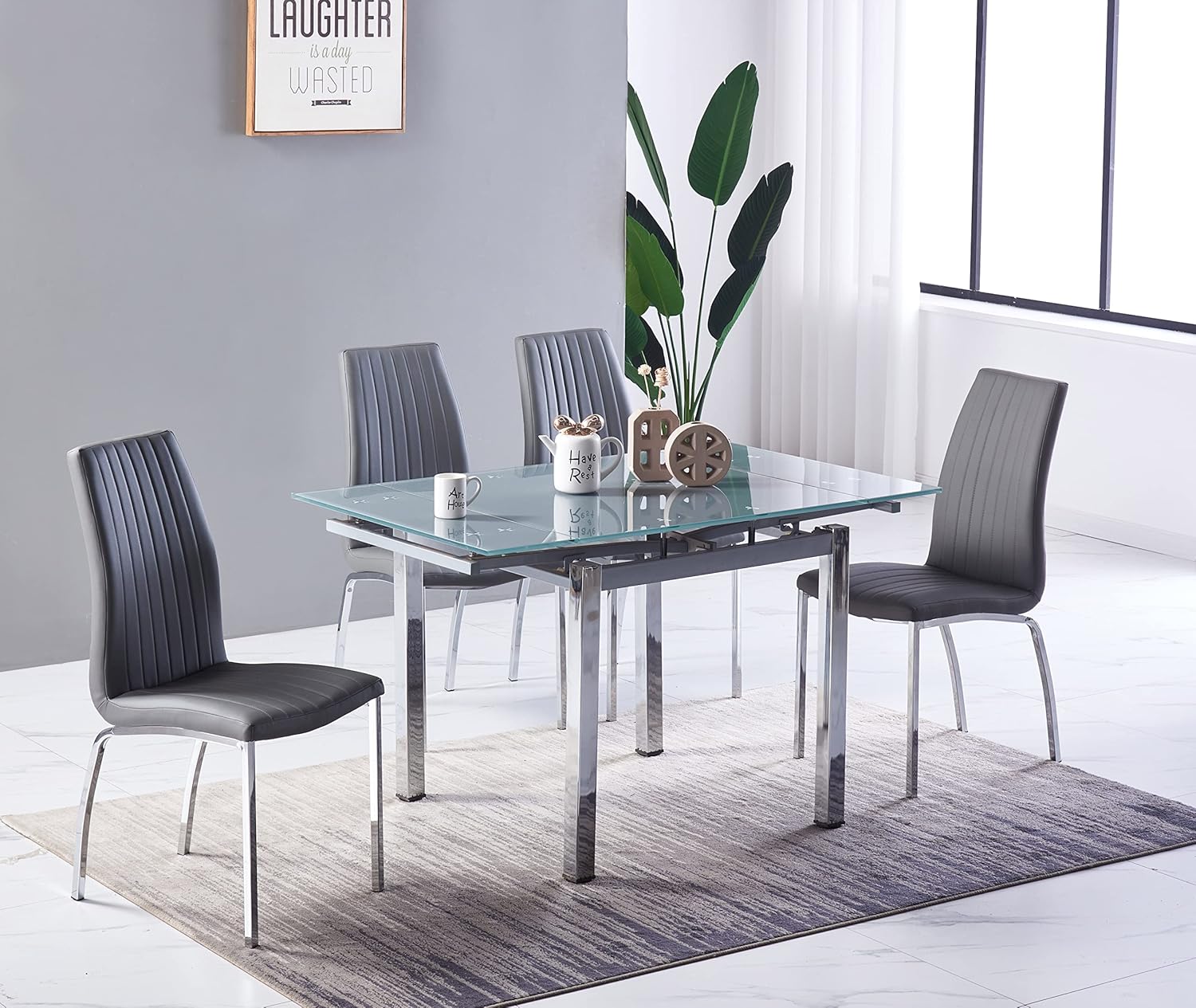 FURNIZONE PICCOLO Grey Glass Extendable Dining Table Set and 4 Modern