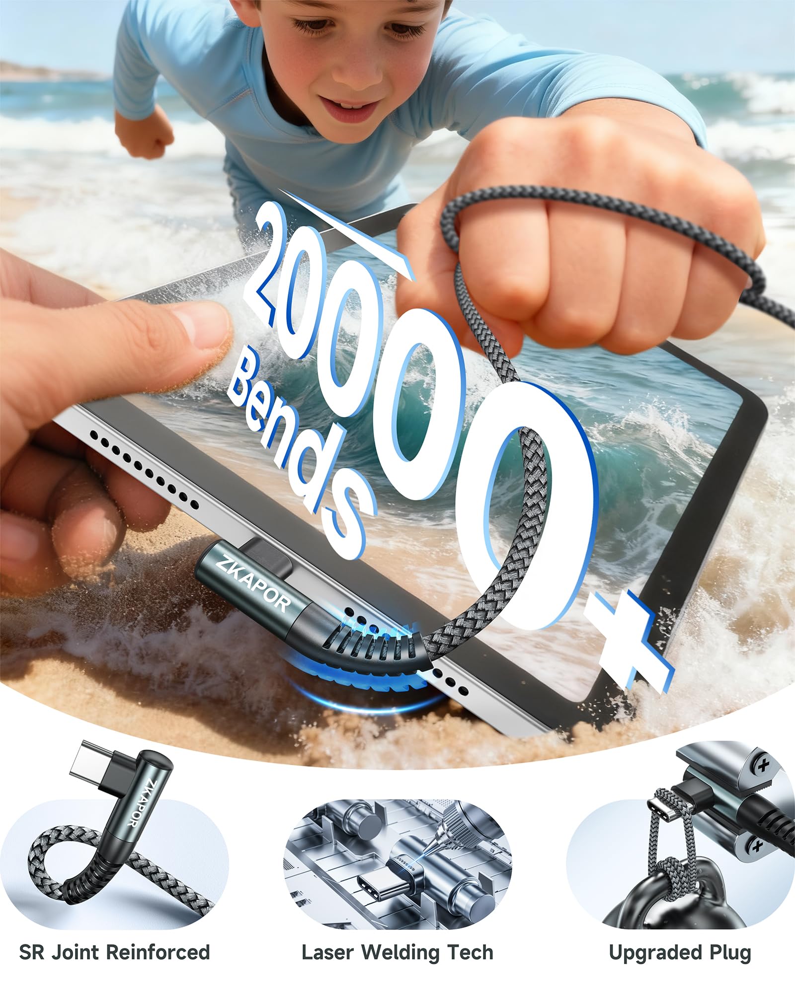 ZKAPOR Cavo USB C a USB C 90 Gradi [2Pezzi 2m] Cavo USB Type-C PD 60W Ricarica Rapida Cavo Tipo C Compatible con Samsung Galaxy S23/S22, Pad Pro 11''2020, Air 2020/2018, P40/P30, Pixel -Grigio