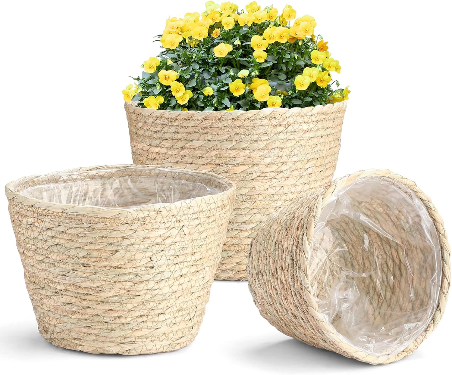 Seagrass Planter Baskets, 3 Packs Pastoral Style Braided Plant Baskets