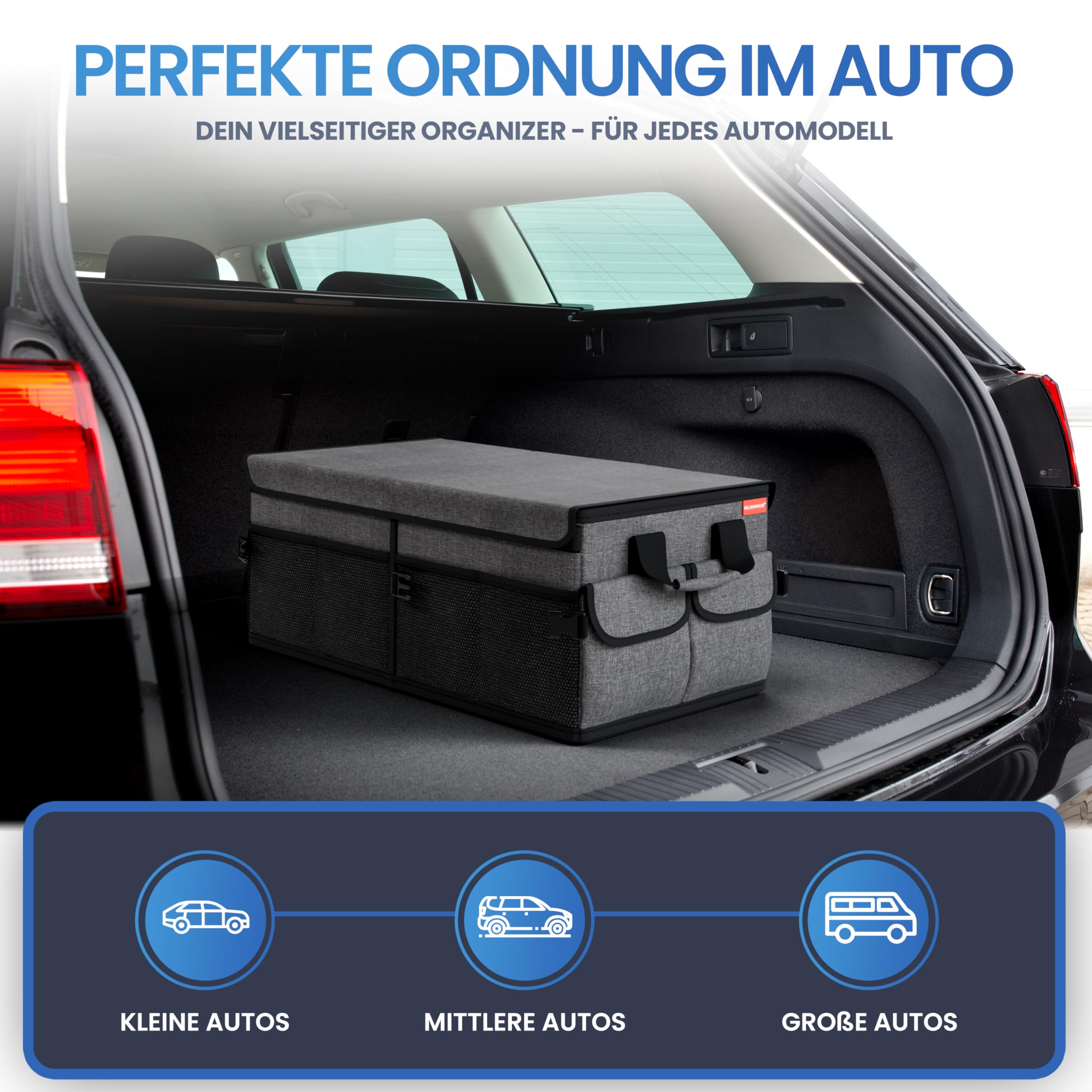 HELDENWERK Organizador de maletero de con tapa, estable y antideslizante, plegable para maletero de coche, grande, con estantes dobles, caja organizadora para maletero