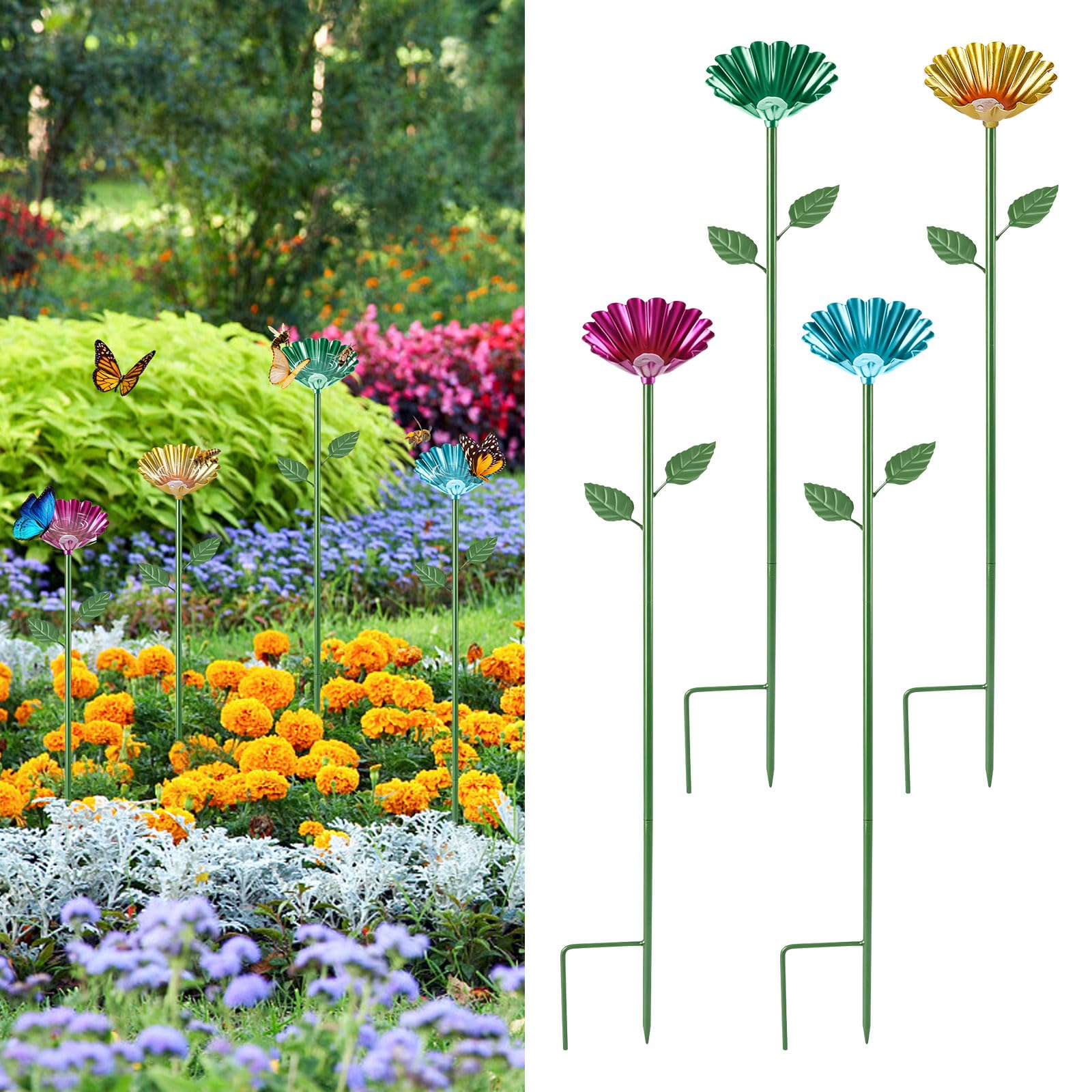 4 Pack Bee Watering Station, Colourful Metal Bee & Butterfly Feeder Cups with Adjustable Iron Stakes, Butterfly Feeder Bowl, Bee Baths for Garden OutdoorYard Decor