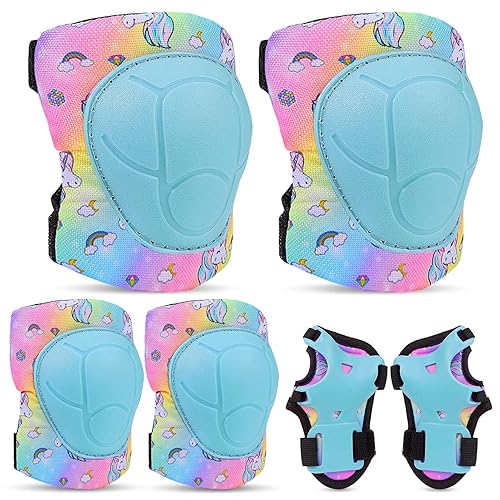 FIODAY Rodilleras para niños, juego de equipo de protección de unicornio, rodilleras ajustables y coderas con protector de muñeca para niñas,