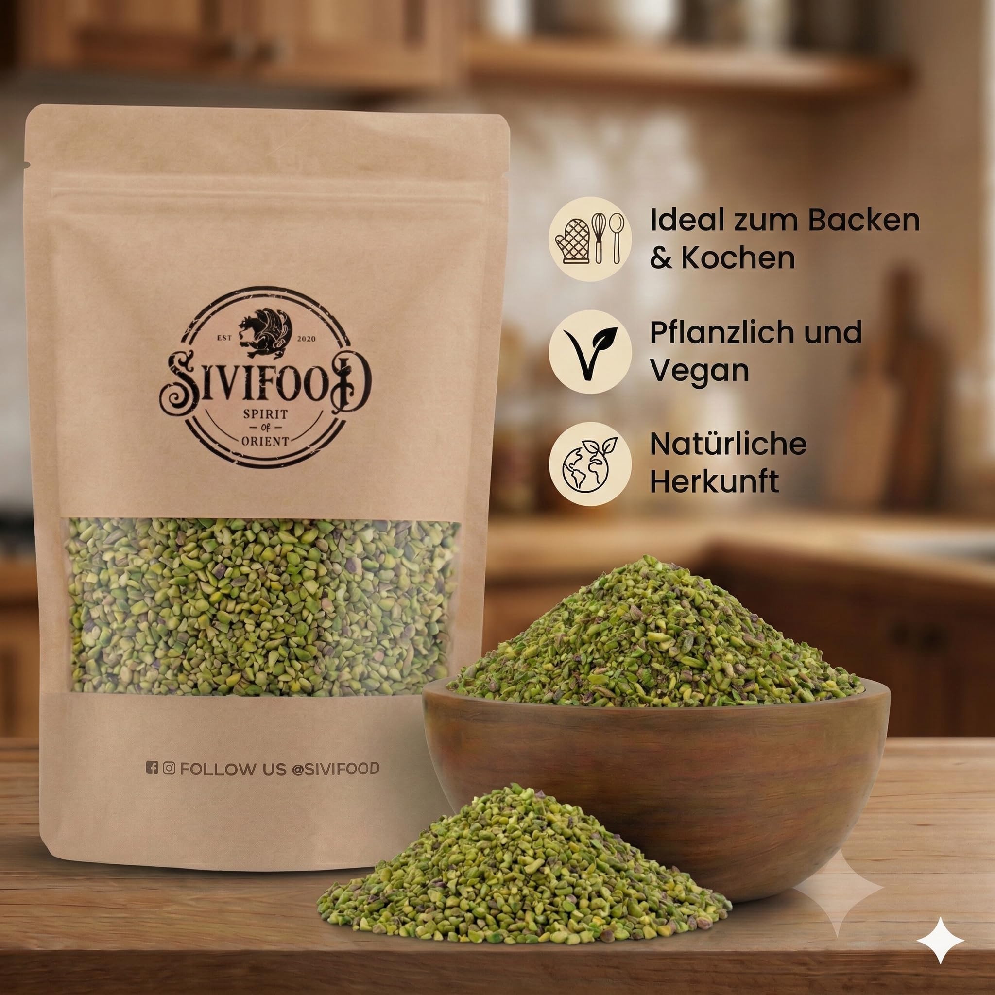 SIVIFOOD® Fein gehackte Pistazienkerne [500g] – Naturbelassene Pistazien gehackt in Premium Qualität – Gehackte Pistazien zum Backen, für Kuchen, Torten & Baklava als Topping – Ungesalzen & vegan