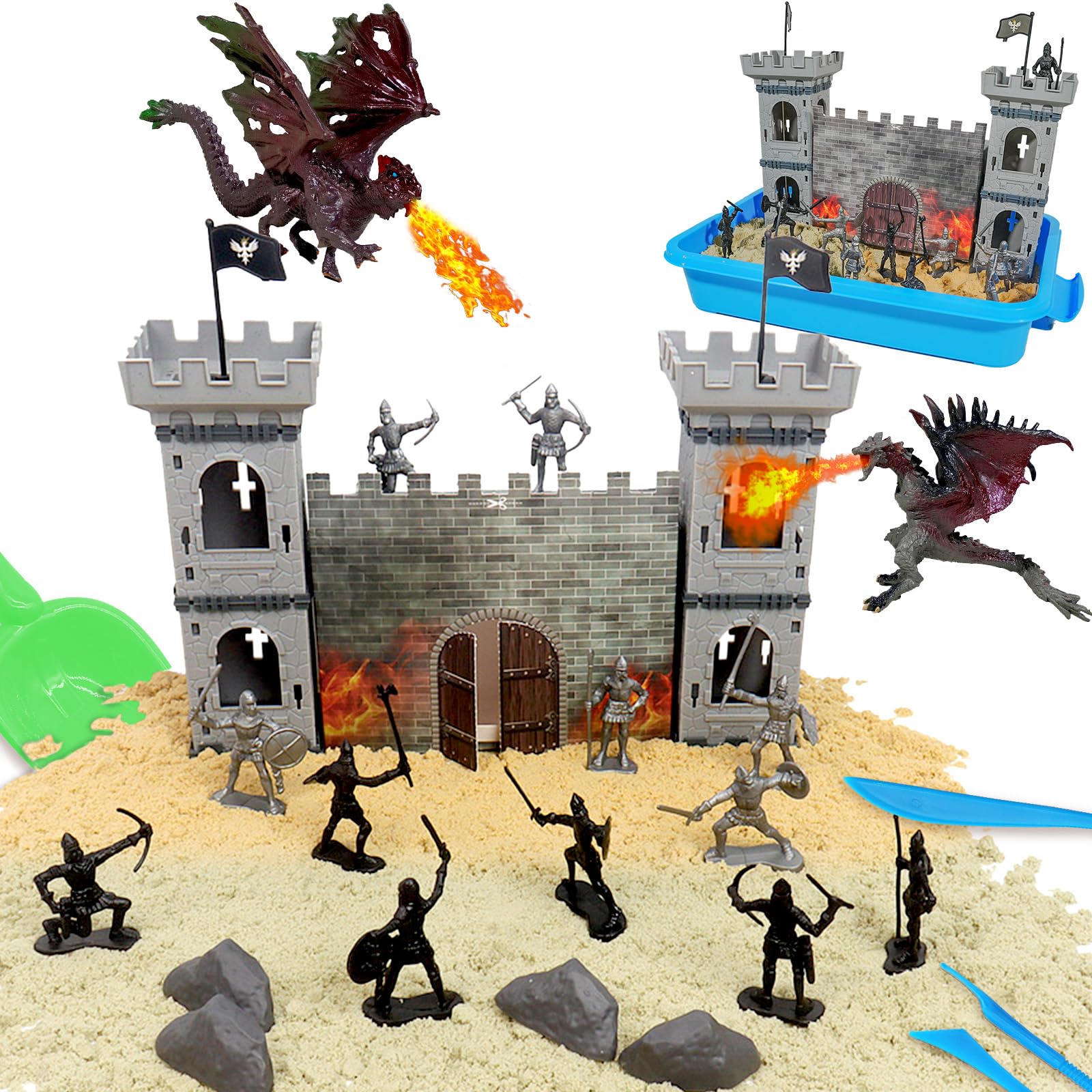 Hiawbon Medieval Castle Knight Dragon Sensory Bin, Dragon Sandbox Sand Kit Set with 2.2lb Sensory Sand, Medieval Knight Castle Model Assembly Sand Art kit for Birthday Party Gift