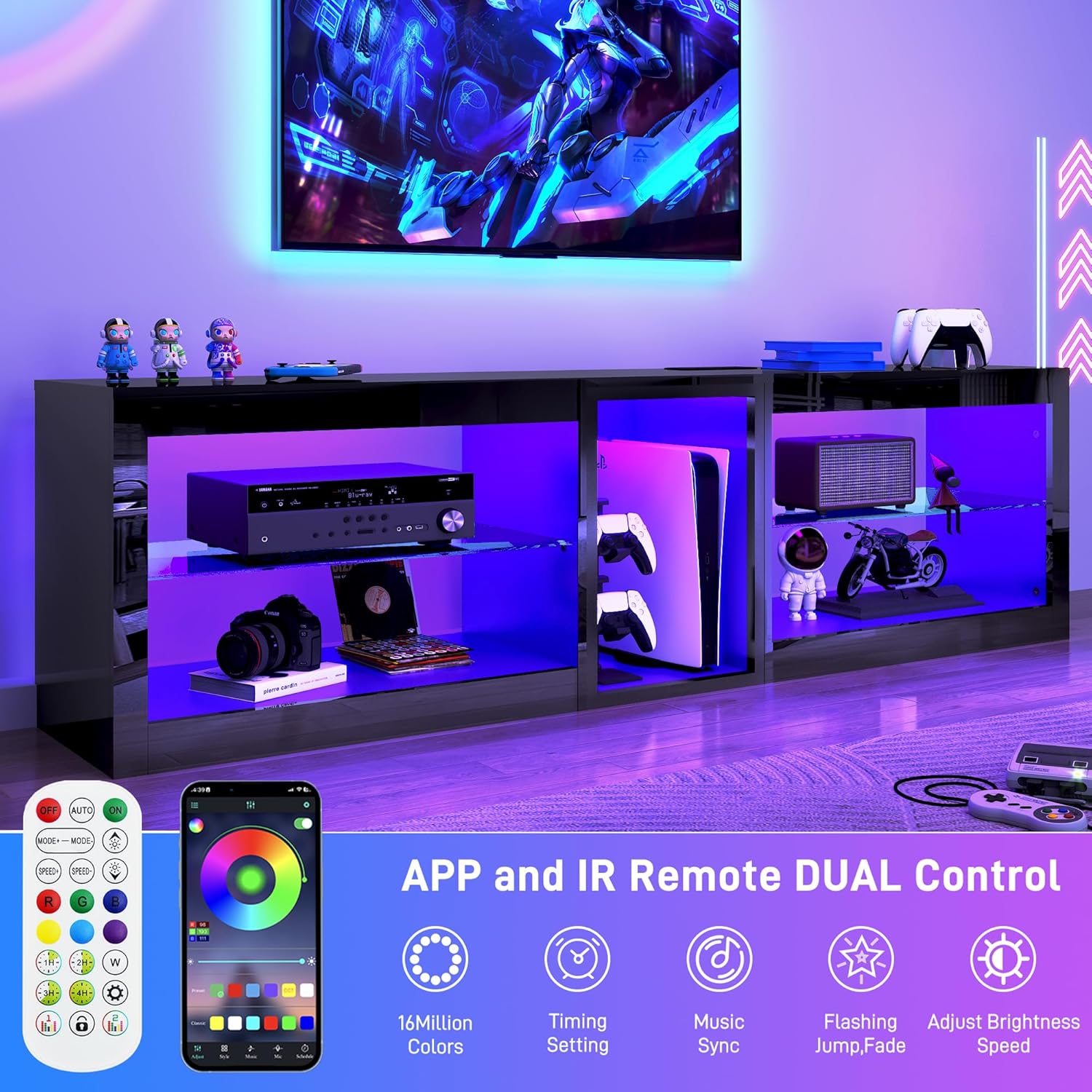 71in Large LED TV Stands W/Power Outlet for 60 65 70 80Inch TV,Black Entertainment Center W/70000-Colors Lights,High Gloss LED TV Console w/Adjustable Glass Shelves for Living Room Gameroom