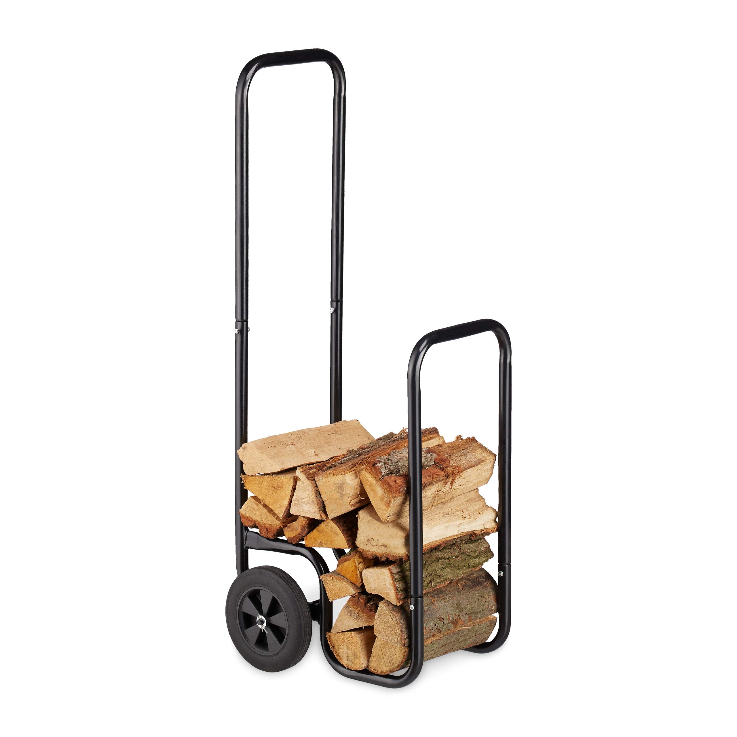 Relaxdays Carrello per Legna, da Trasposto, in Acciaio, con 2 Ruote, Contenitore, Capacità di Carico Fino a 60 kg, Nero