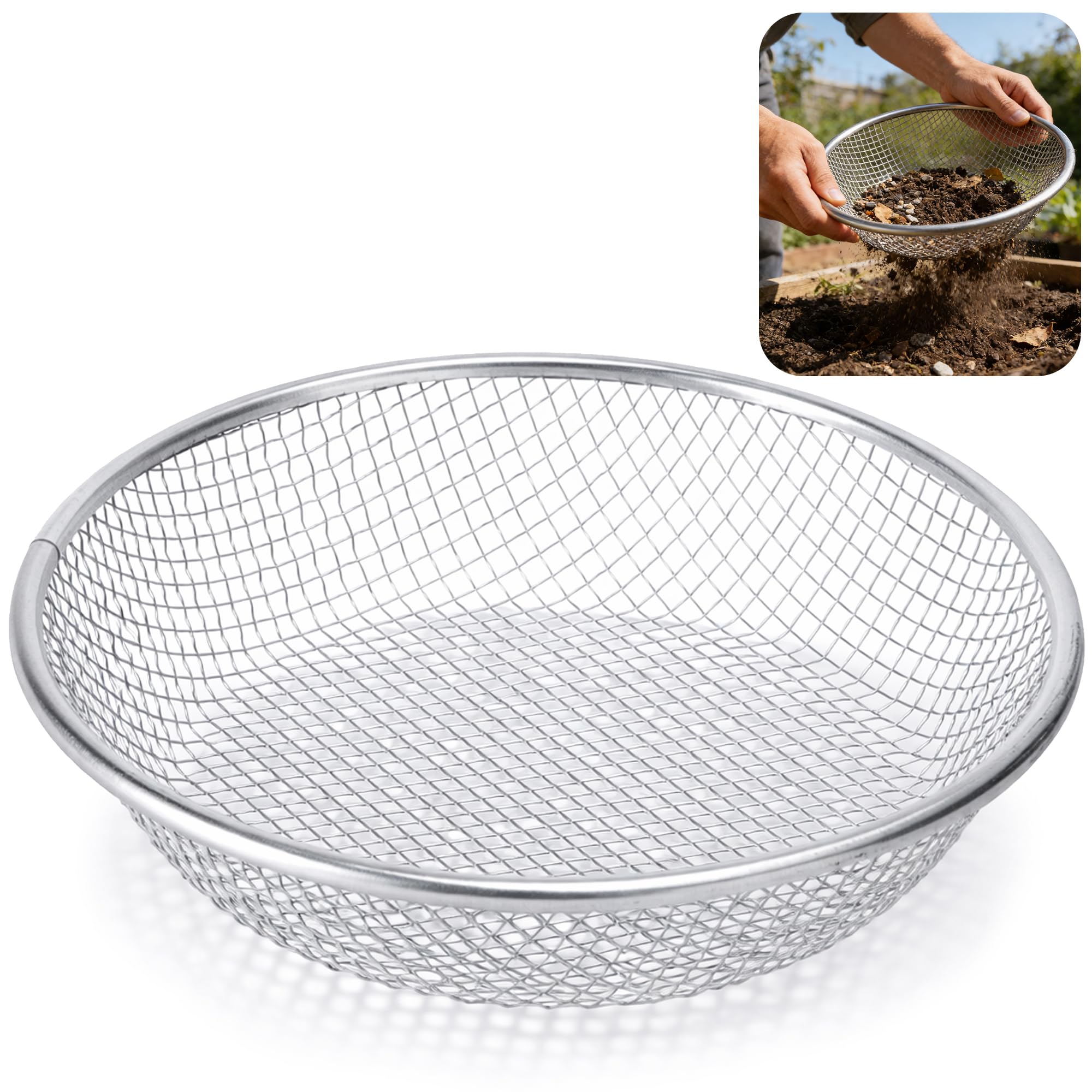 GIONAR 30CM/11.8Inch Garden Soil Sieve - Metal Garden Riddle Mesh Sifter - Gardening Sand Mesh Sifter for Soil Stones Sand Rocks Dirt Compost（6mm Filters）