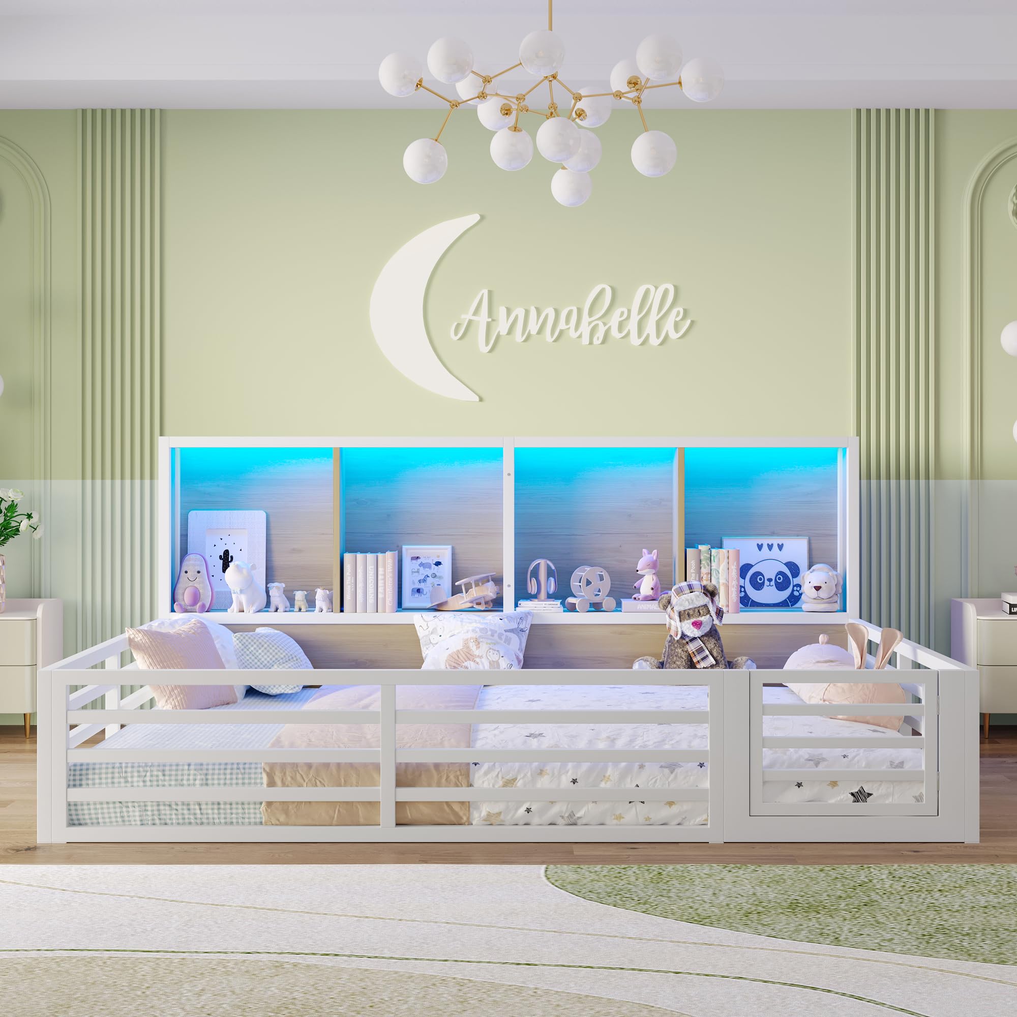 Kinderbett Bodenbett 140x200 mit Rausfallschutz & Lattenrost, Montessori Bett Hausbett mit 4 Staufächer & LED-Beleuchtung & Tür, Gitterbett Metallbett Bettgestell Spielbett (Weiß, 140x200CM)