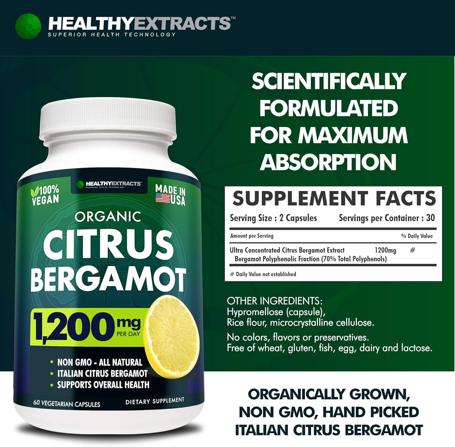 Citrus Bergamot Supplement – 150:1 Extract, 1200mg per Serving, 70% Polyphenols, Italian Sourced, 60 Count, 1 Month Supply, Made in the USA