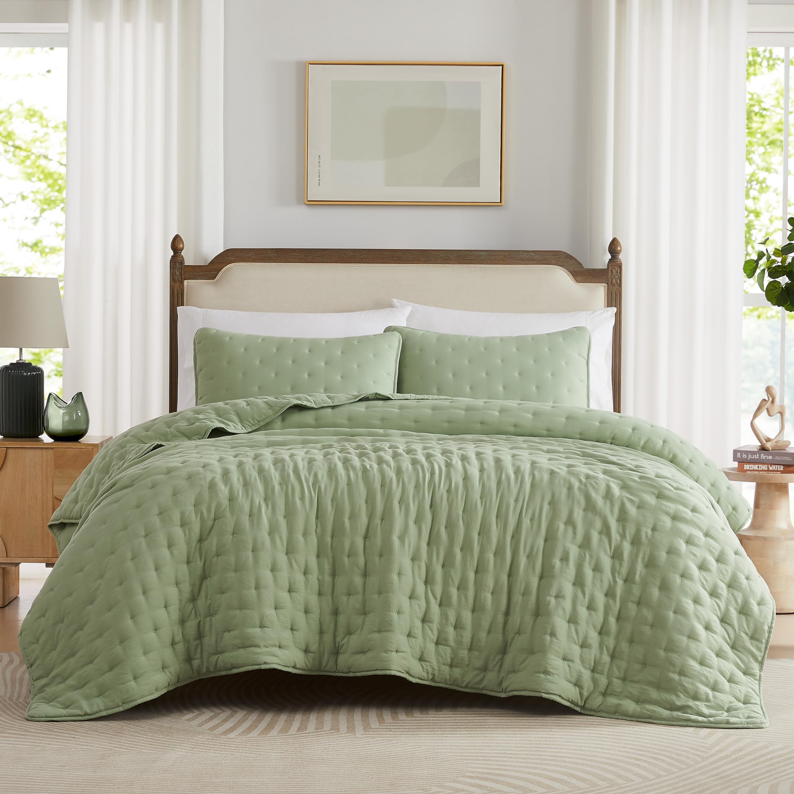 WDCOZY Sage Green Quilt King Size Bedding Set with Pillow Sham, Lightweight Bedspread Coverlet, Soft Bed Cover for All Season - 3 Pieces, 104x90 inches