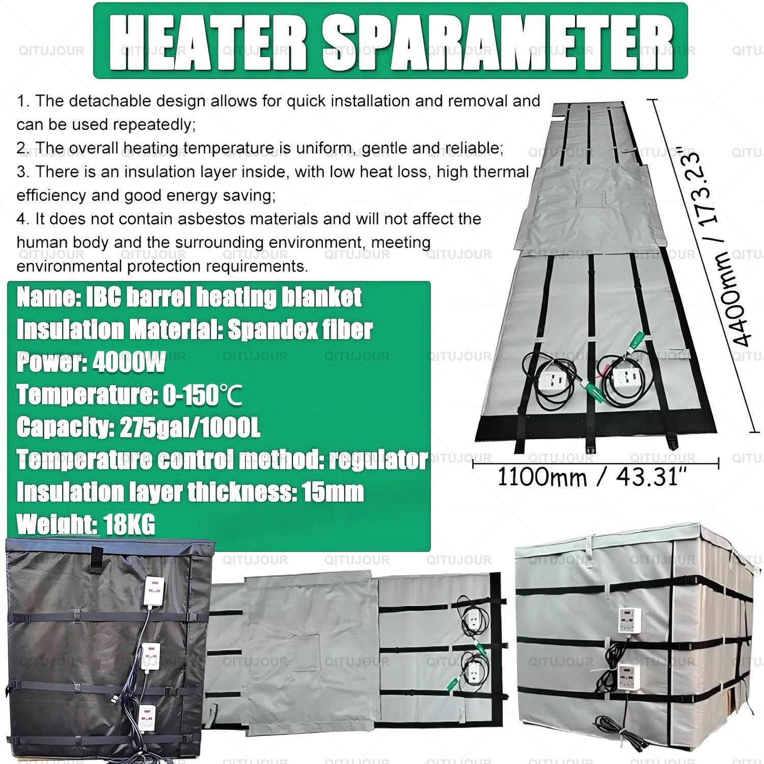 Koc Grzewczy Do Pojemników Ibc Z Pełną Osłoną, Izolowany Grzejnik Do Wiader Metalowych 2000 W/4000 W, Koc Termiczny Do Beczek Z Olejem, Regulowana Temperatura 0~150℃(Silver,275Gallon/1000L)