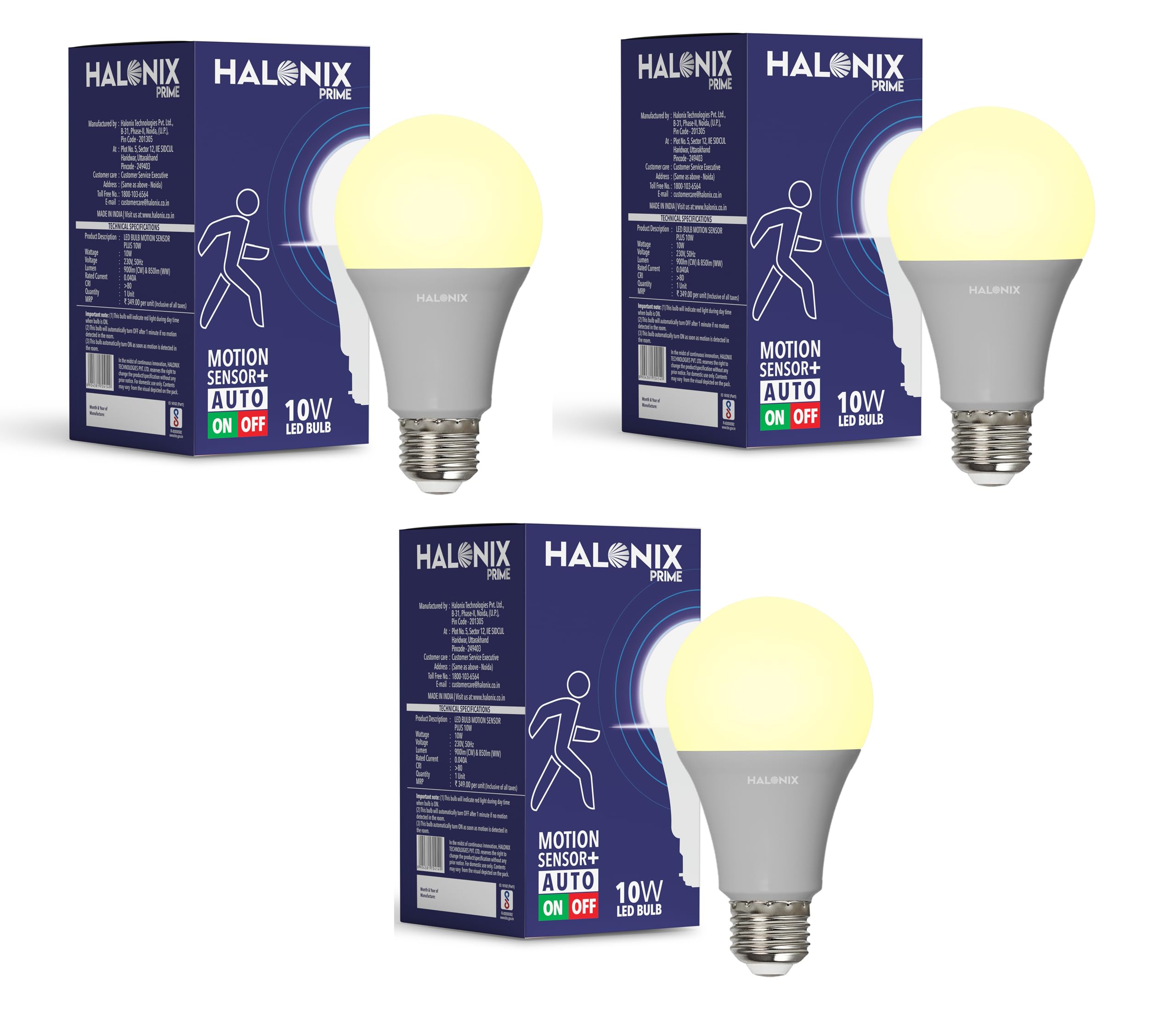 Halonix 10W Motion Sensor Led bulb | Color-Warm White Yellow | Auto on- Auto Off light | Motion sensor light | Pack of 3 | Base-E27 Screw Type | Covers Upto 15 Feet Area|