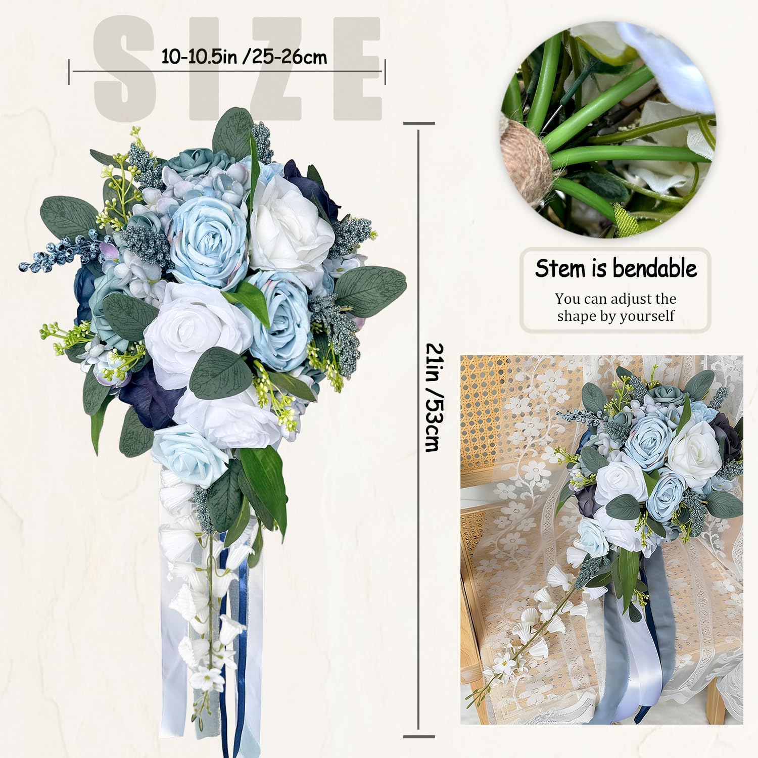 10 Inch Dusty Blue White Cascading Wedding Bouquets for Bride Silk Artificial Flowers Big Bridal Bouquet for Wedding Boho Rustic Church Vintage Tossing Bouquet Premade Ceremony Anniversary Decor