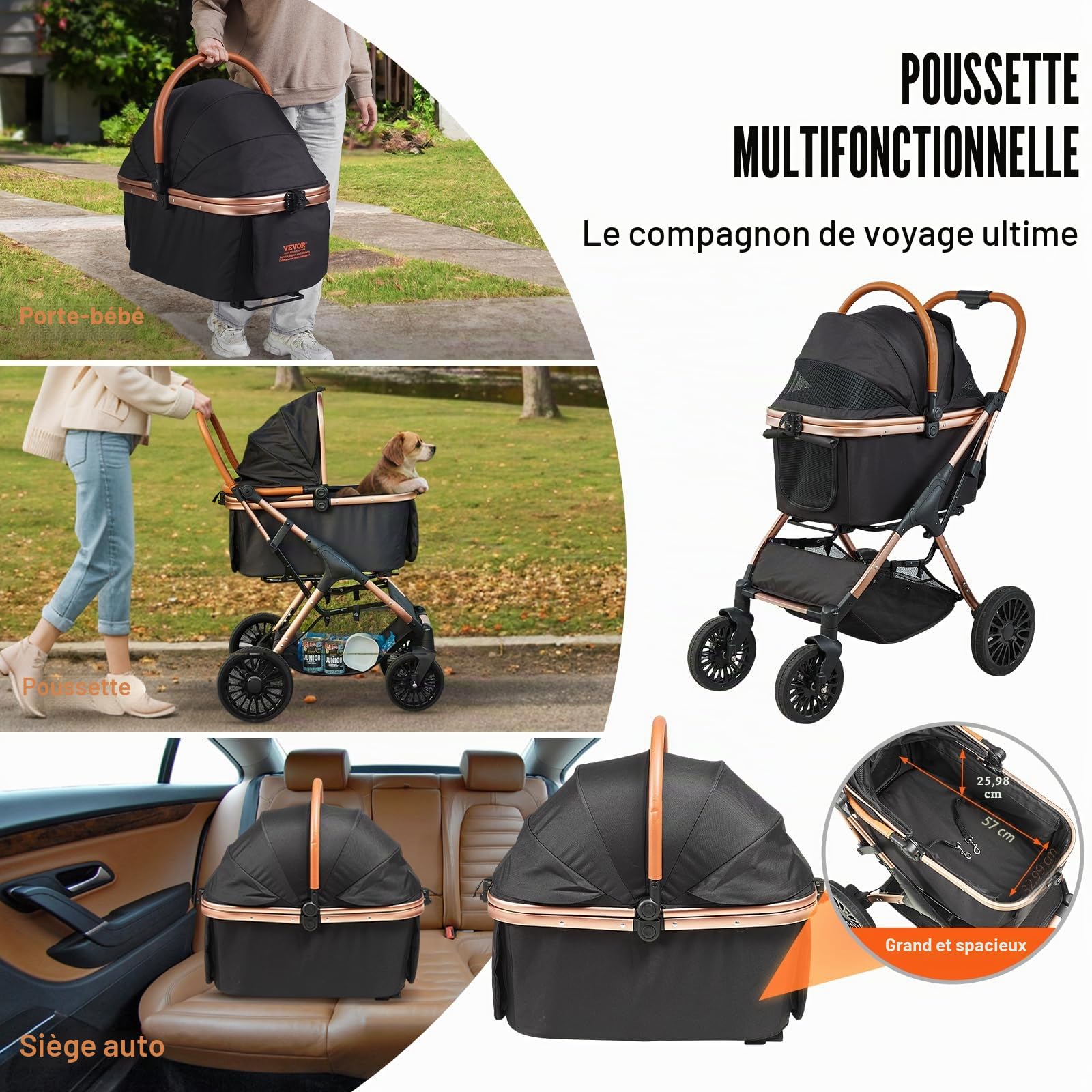 VEVOR Poussette pour Chien Animaux de Compagnie 4 Roues Pivotantes avec Freins Capacité de Charge 30 kg Poussette Chat Support Amovible Panier Rangement Coussin pour Chiens Petite/Moyenne Taille, Noir