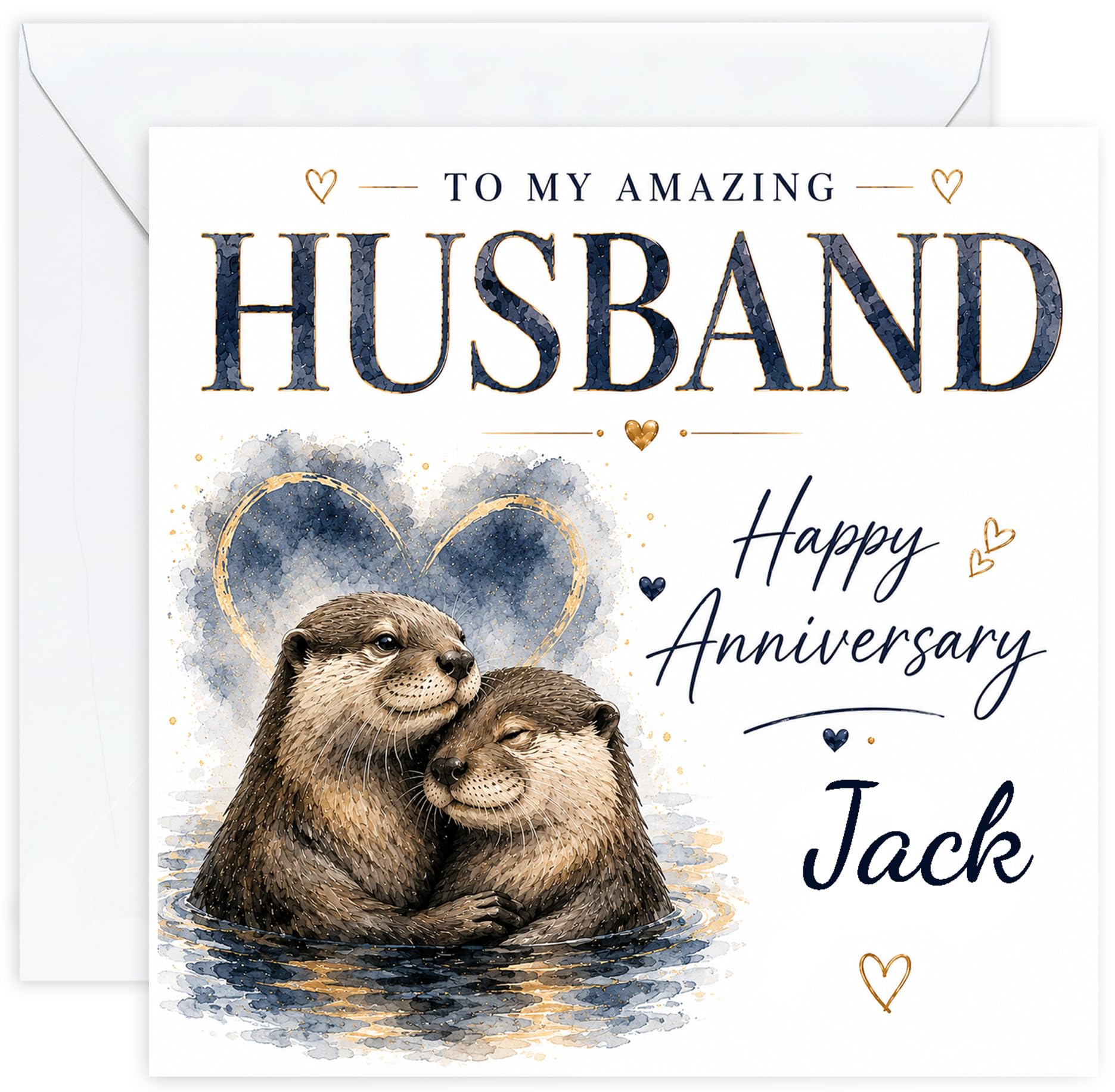 Personalised Anniversary Card for Husband | Romantic Otter Couple Card for Him | Add His Name | Cute Husband Anniversary Card with Optional Printed Inside Message (Design 08)