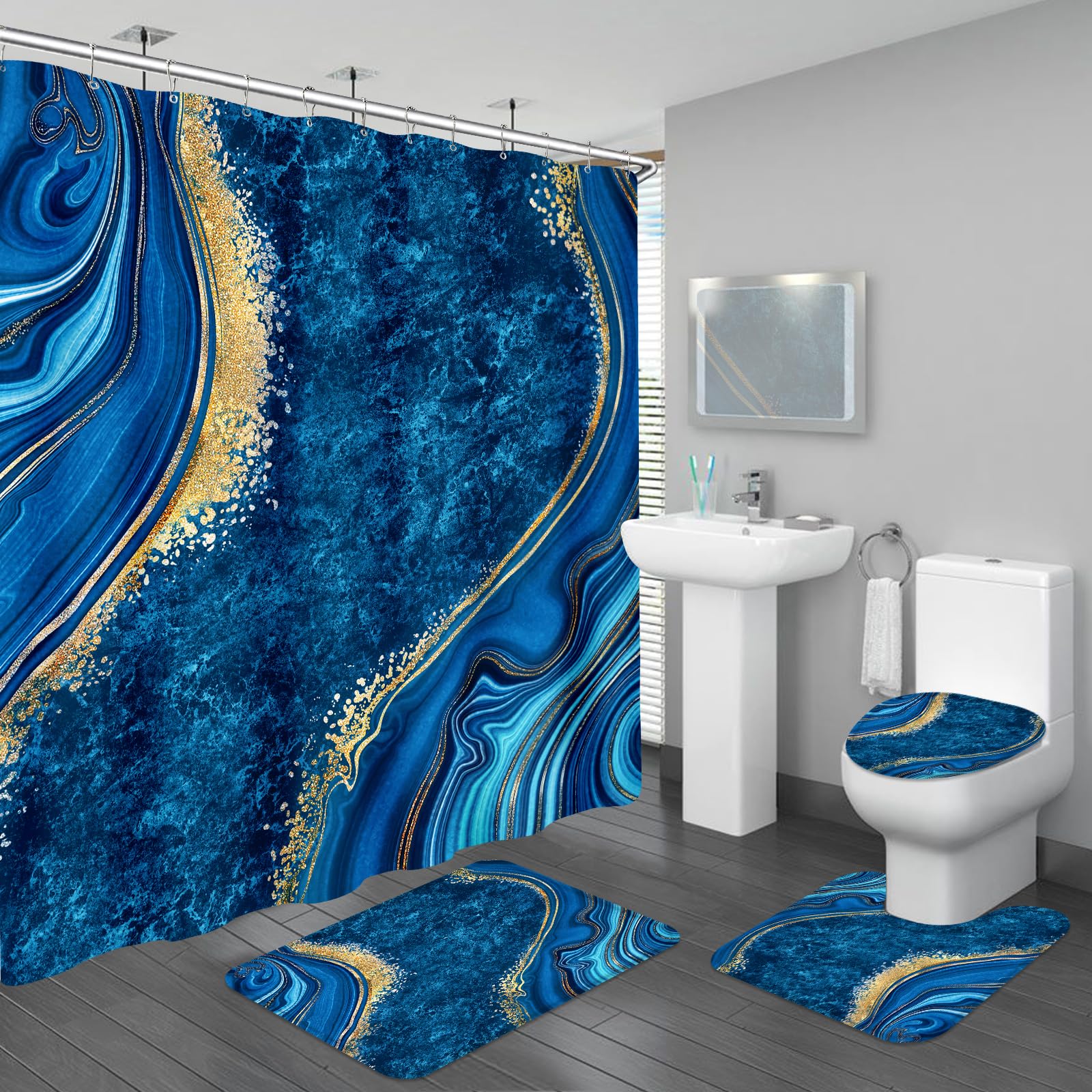 BayNook 4PCS Blue Gold Marble Bathroom Sets with Shower Curtain and Rugs, Abstract Shower Curtain Sets with Rugs, Modern Bathroom Curtains Shower Set