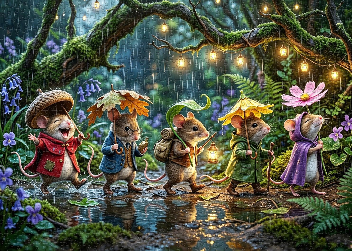 PICKFORU Tiny Adventurers in the Rain Jigsaw Puzzle 1000 Pieces for Adults, Cute Mouse Forest Puzzle, Floral Animal Scene for Home Decor