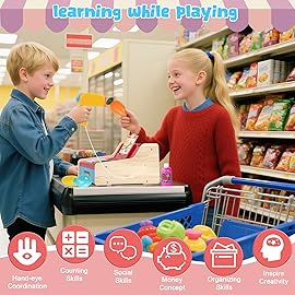 2025 Wooden Toy Cash Register for Kids,Rechargeable Counting Wood Cash Register Toys, Kids Cash Register with Scanner Realistic for Boy Girl Age 2-4 4-8, Pretend Toy Role-Playing Birthday Ideals Gift