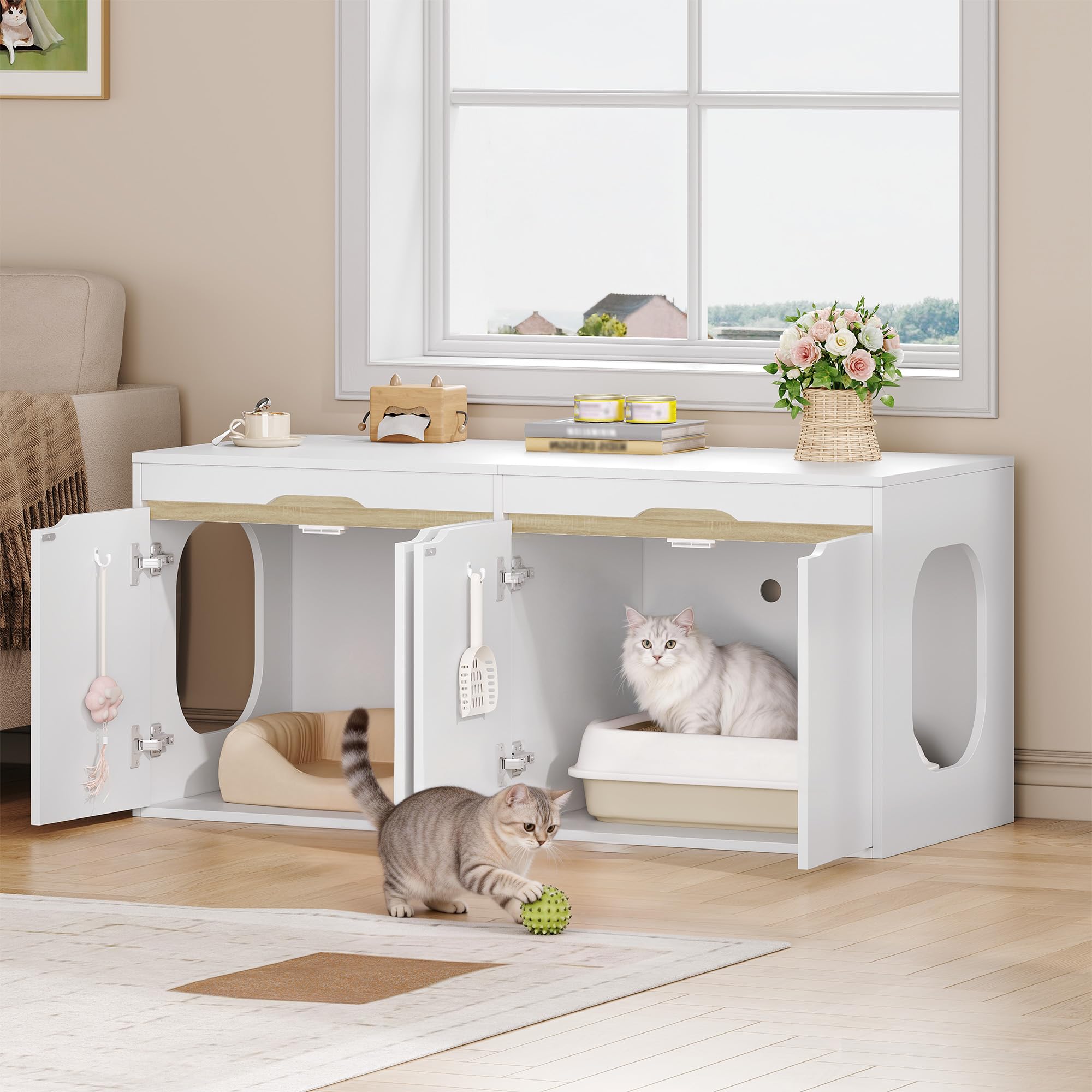 HEXCELEN Mueble Arenero 2 Gatos, Armario para Gatos, Oculto para Arenero con Puertas Dobles, Adecuada para Dormitorios, Salones, Armario de Almacenamiento, 120 x 50 x 53,4 cm, Roble Blanco y Blanco