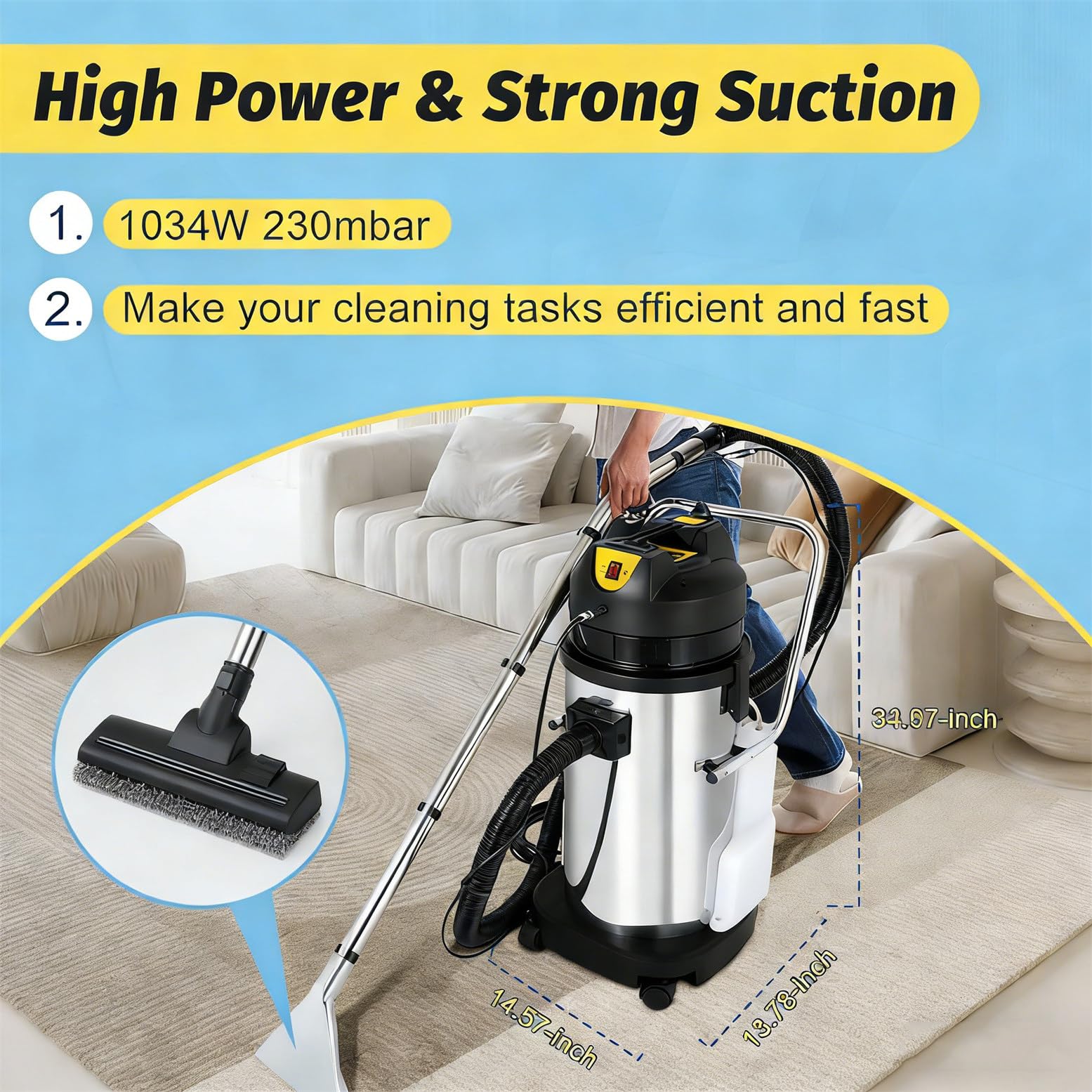 Máquina Profesional de Limpieza Profunda, 3 en 1, con champú para alfombras y aspiradora en seco y húmedo con función de pulverización, 6 Accesorios incluidos. 20L