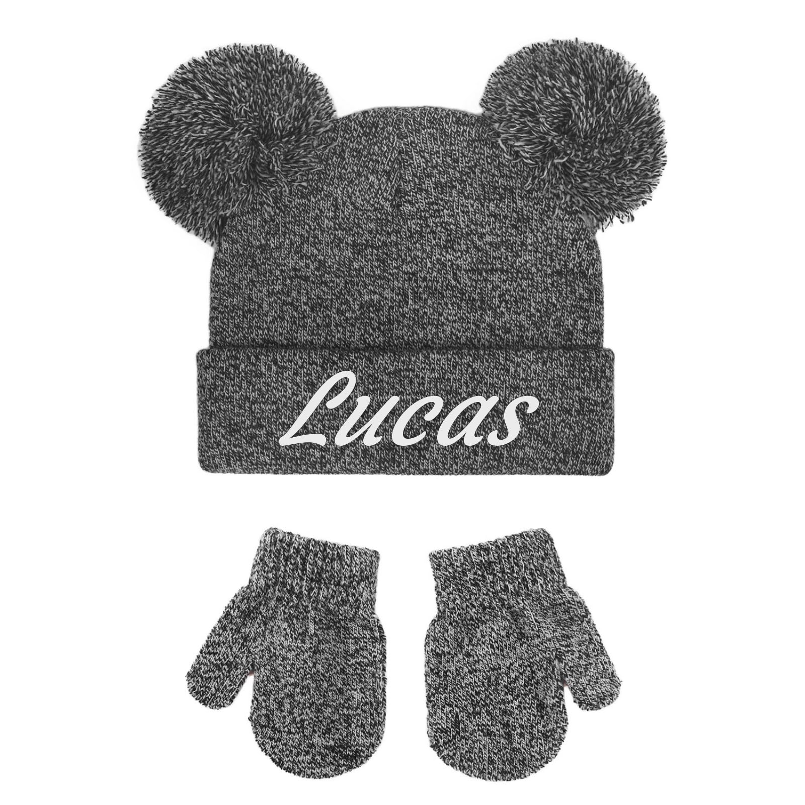 Personalized Embroidery Baby Beanies Hats, Custom Knitted Toddler Double Pompom Hat,Newborn Gifts, Knitted Winter Hat and Mittens Set,Newborn Gifts