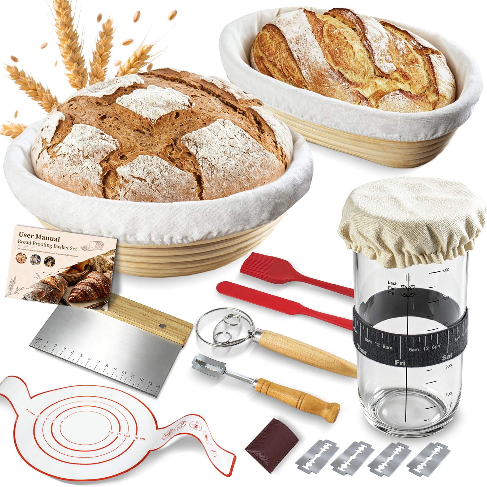 Sauerteig Starter Set, 700ml Sauerteig Glas, Baumwollseil Runde Gärkörbchen für Brot Gärkorb Brot mit Liner & Abdeckungen, Geschenk für Bäcker & Complete Sauerteig Brot backen Set