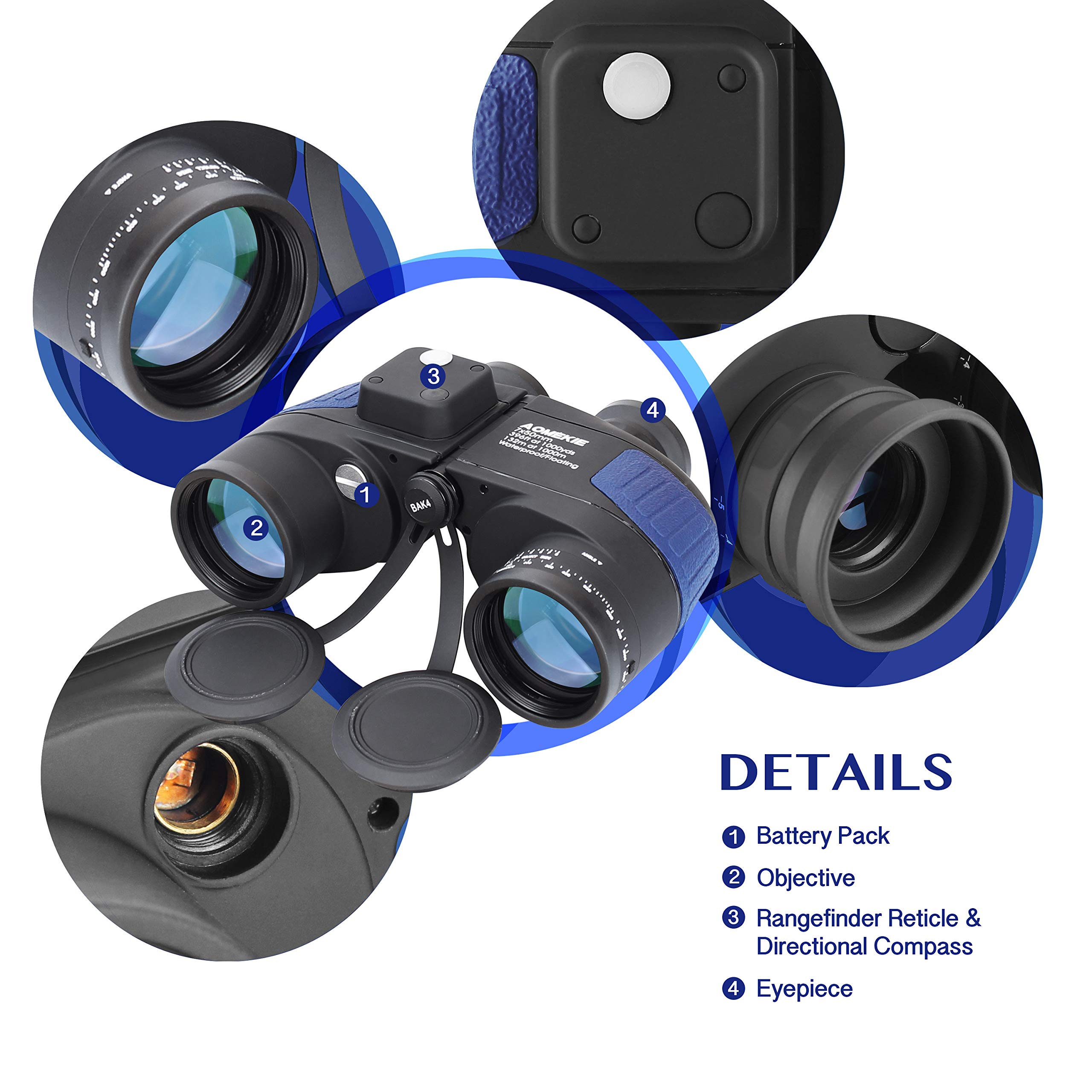 Aomekie Prismáticos Marinos 7X50 Prismaticos Militares BAK4 Porro Prism con Visor Interno y Brújula Impermeable a Prueba de Niebla y Flotante (Azul)