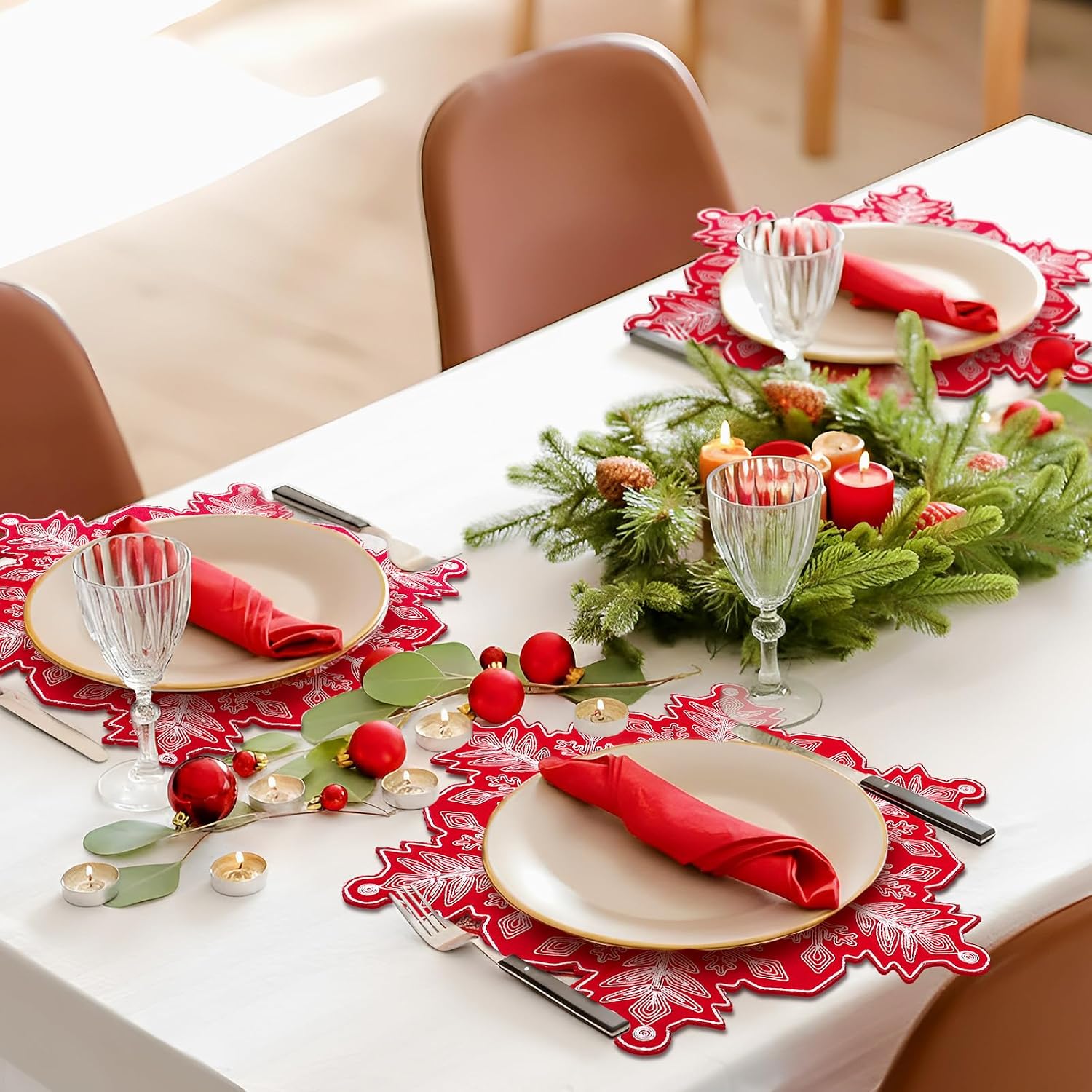 HunnmingRe Christmas Snowflake Placemats Set of 6 Embroidered Snowflake Table Mats 14 Inch Velvet Red Christmas Table Decorations Xmas Washable Placemats for Xmas Holiday Tabletop Home Dining Kitchen