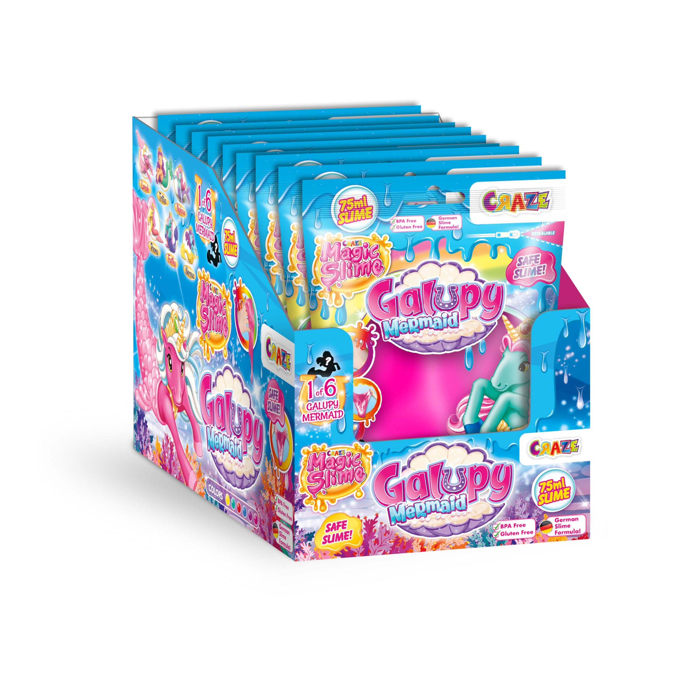 CRAZE Magic Slime Bag GALUPY Mermaid zestaw 20 sztuk, kompletny wyświetlacz dla dzieci, 20 x 75 ml, z figurką jednorożca Galupy Mermaid, figurka jednorożca, niespodzianka