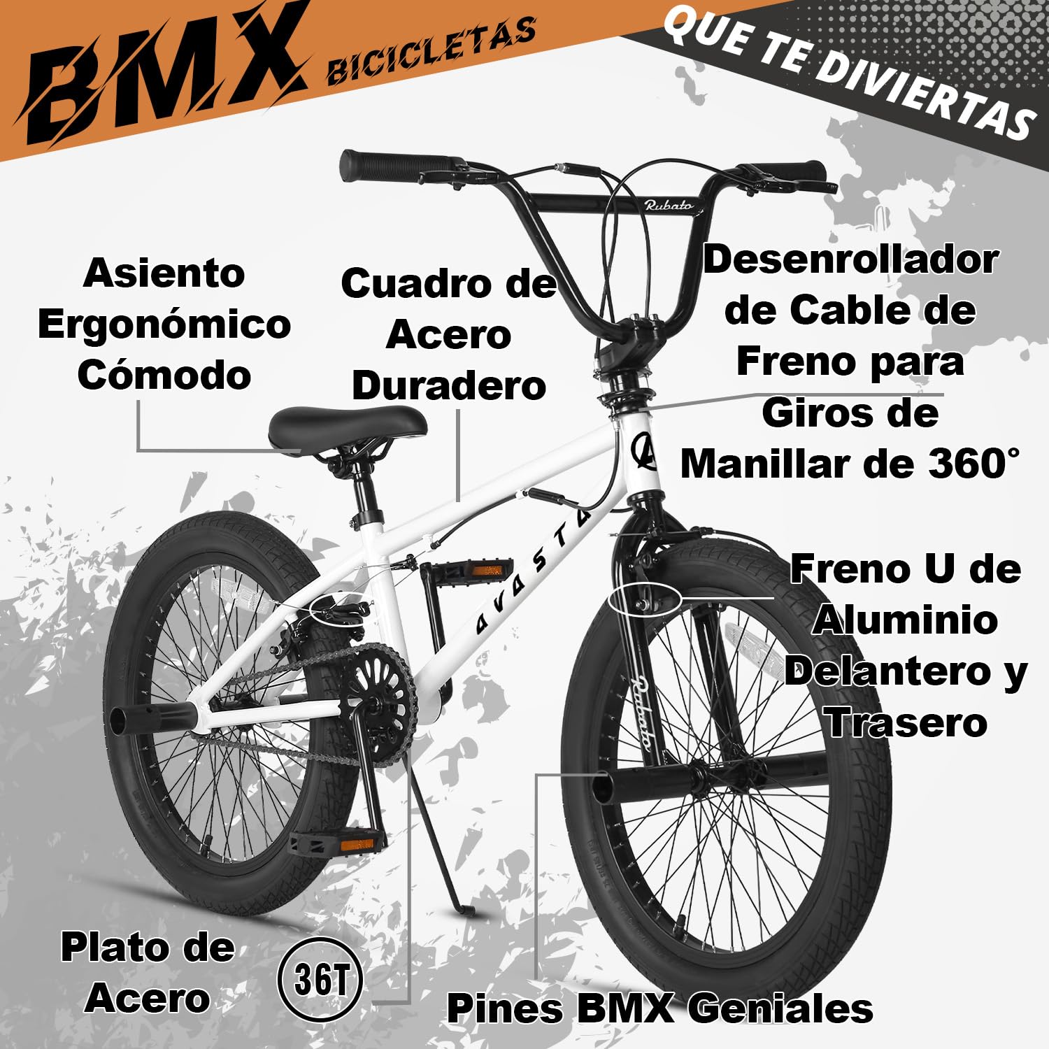 AVASTA Bicicleta BMX Estilo Libre para niños de 20 Pulgadas, para niños de 6 7 8 9 10 11 12 13 14 años, niñas, Adolescentes Principiantes con 4 Clavijas y giroscopio de 360 ​​Grados, Blanco