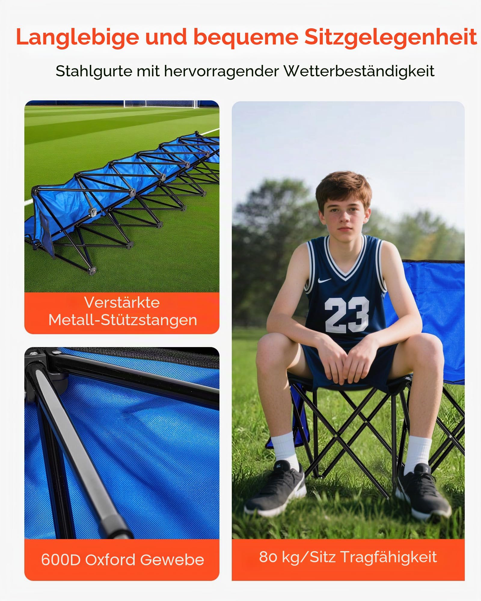 VEVOR tragbare Mannschaftsbank Sitzbank Campingbank (4 Personen) mit Seitentaschen & Tragetasche, Klappbank mit Rückenlehne, Seitenbank Seitensitzbank für Fußball Baseball Outdoor Blau