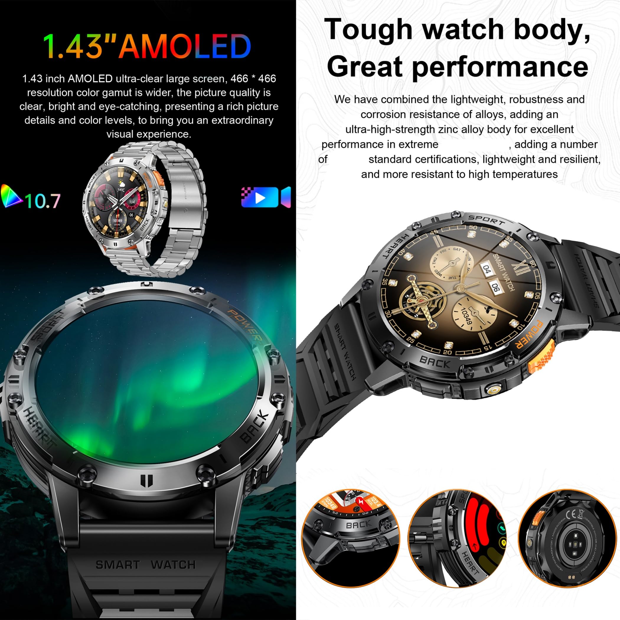 1,43" AMOLED Reloj Inteligente Hombre con Llamada y Whatsapp, Linterna, 5ATM Impermeable Reloj Smartwatch 123 Deportivo Hombre con Monitor Sueño, Oxígeno Sanguíneo, Pulsómetro Android iOS (plateado)