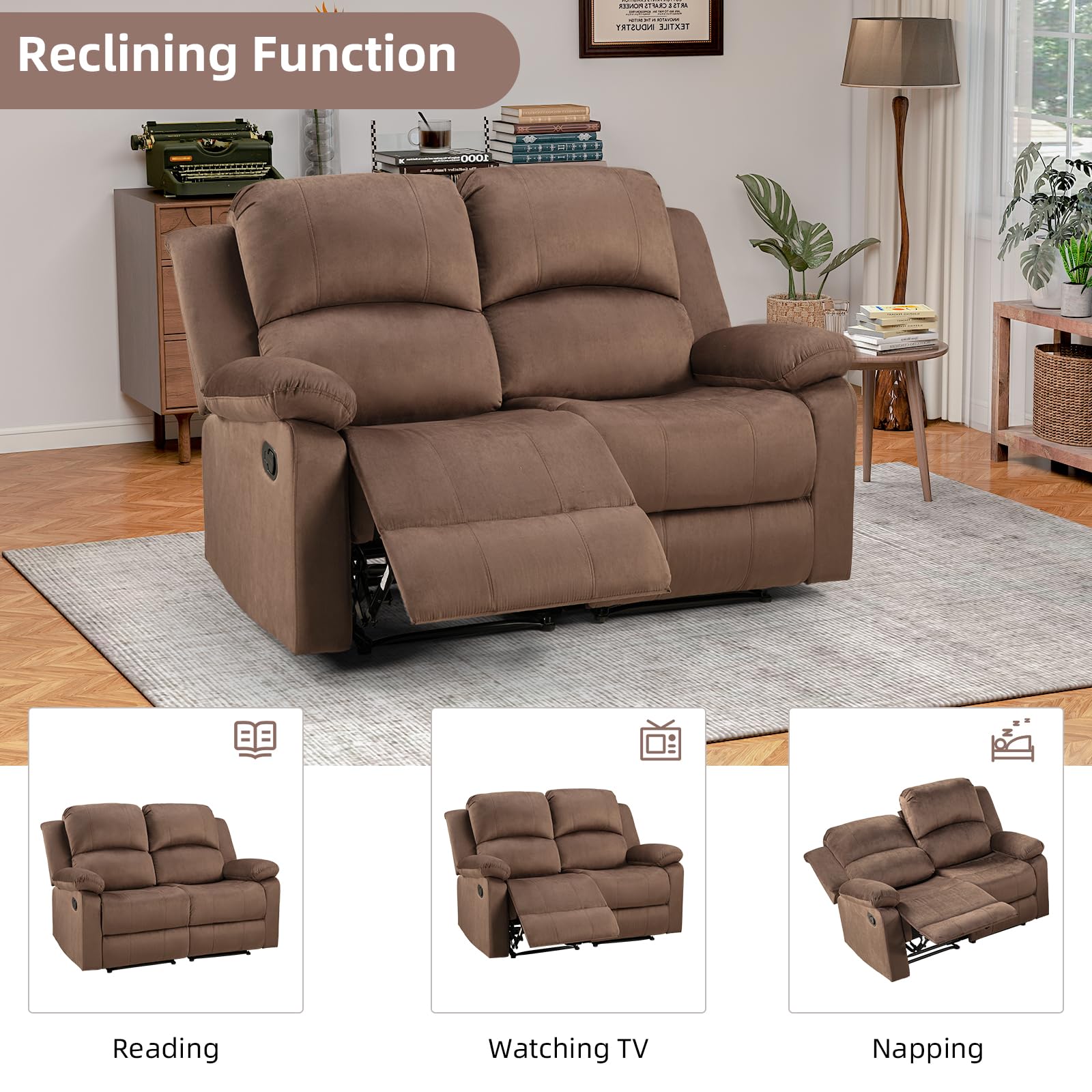 EBELLO Manual Reclining Couch Set for Living Room, Include 1 Recliner Chair, 1 Loveseat Sofa, Recliner Sofa Furniture Set for Home and Office, Brown view 4