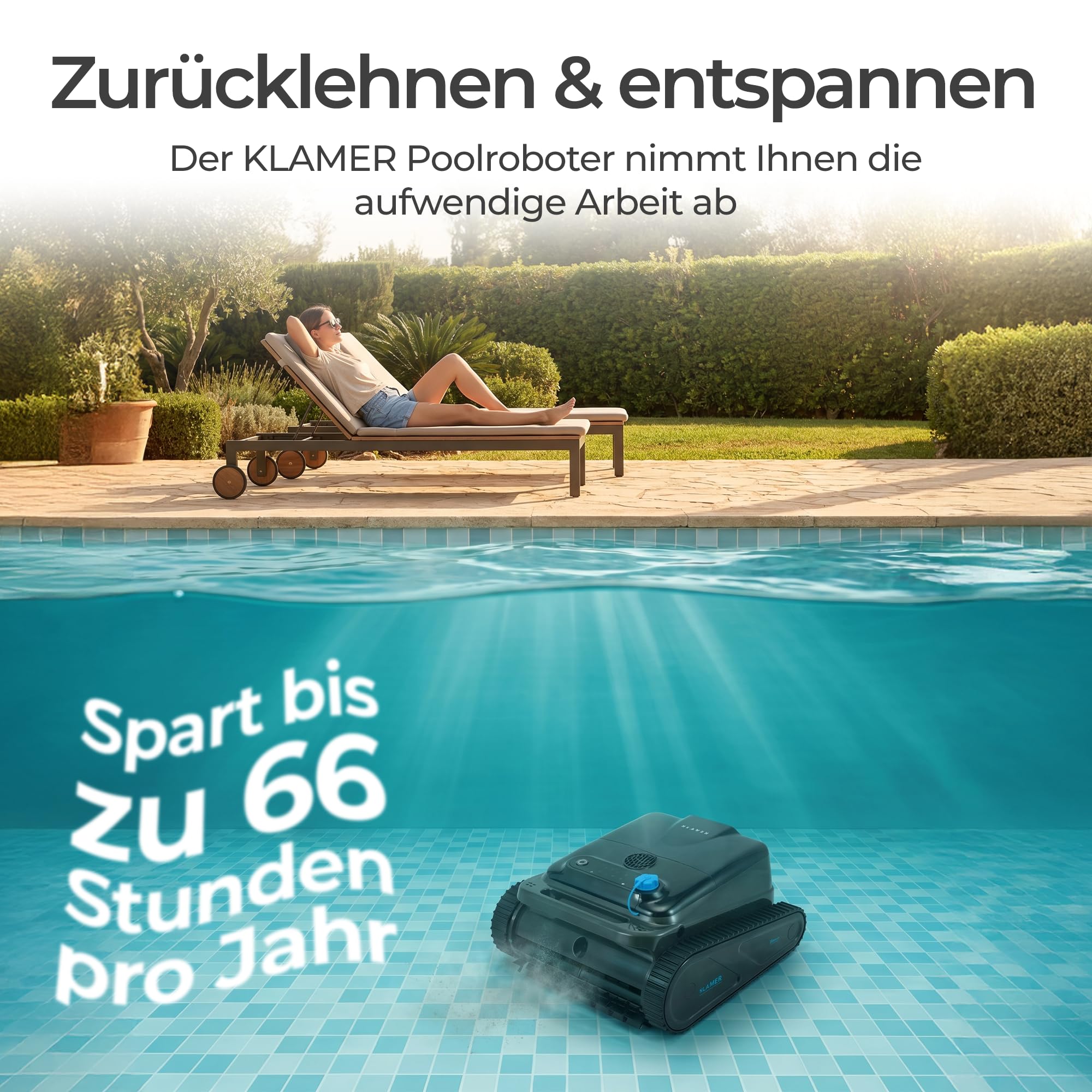 KLAMER Poolroboter Akku Kabellos, Wand & Boden, 150 Min, 200 m² | Bluetooth App-Steuerung, 4 Reinigungsmodi, Waschbarer Filterkorb, Display mit Akkuanzeige, bis 200 m², 150 Min Laufzeit