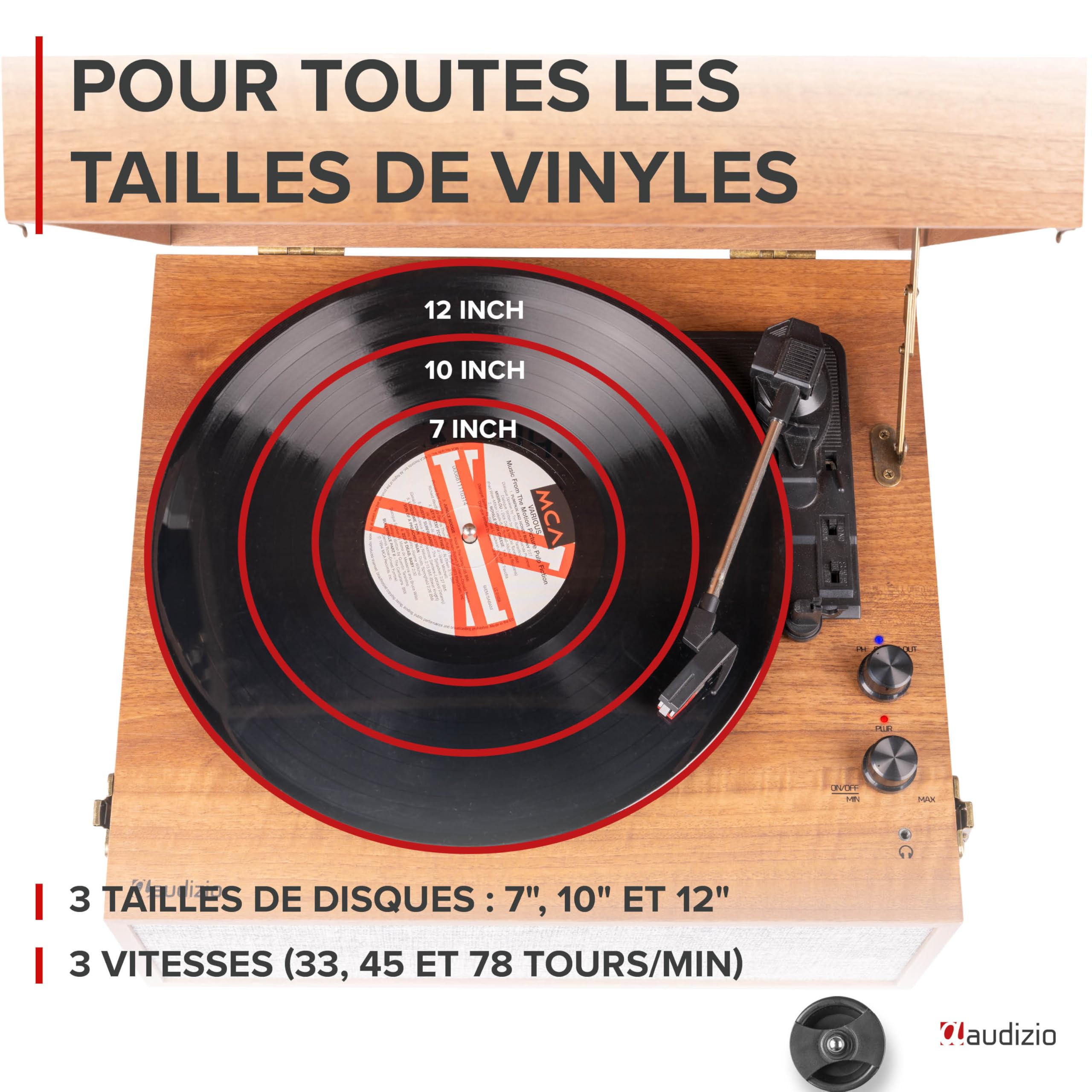Audizio Fremont Platine Vinyle Meuble Bluetooth, Design Rétro sur Pieds - Noyer, Haut-Parleurs Stéréo, Convient aux Disques 33, 45 et 78 Tours, Idéal pour Décorer Votre Intérieur