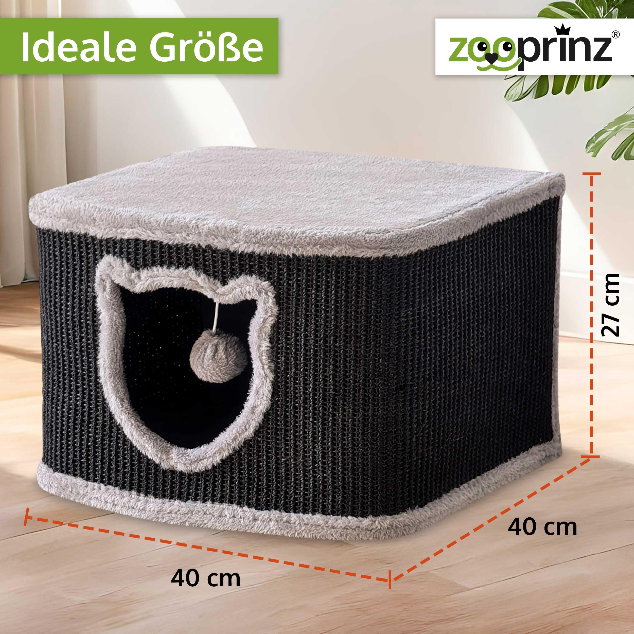 zooprinz Katzenhaus schwarz mit Sisal-Wänden und Plüsch | Katzenkorb und Katzenhöhle mit Spielball, Katzenbox und Katzenkiste im skandinavischen Look
