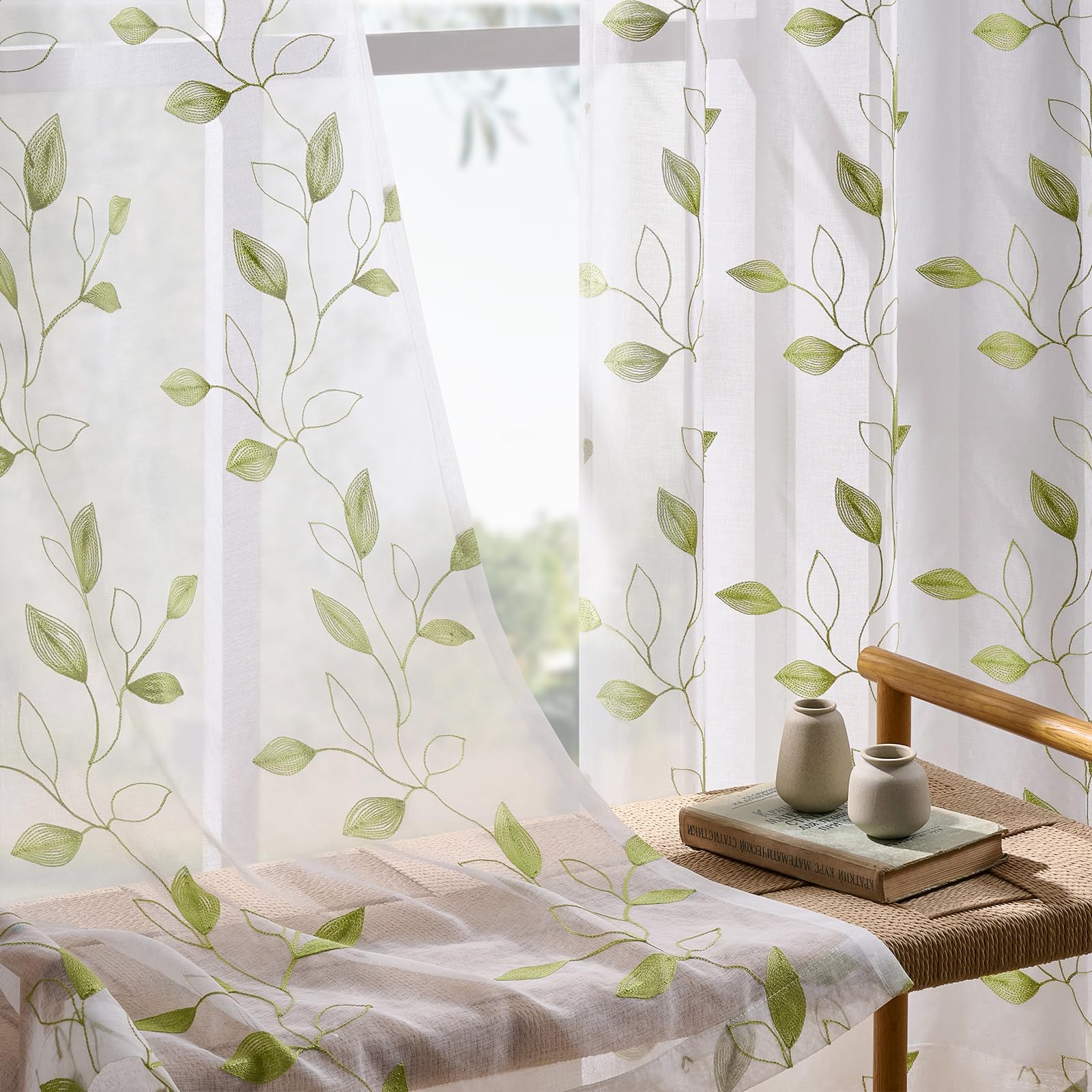 Embroidered Sheer Curtains 84 Inches Long Green Embroidery Leaf Sheer Curtains for Bedroom Living Room Light Filtering Rod Pocket Neutral Floral Voile Drapes, 2 Panels Set, 50x84 Green on White