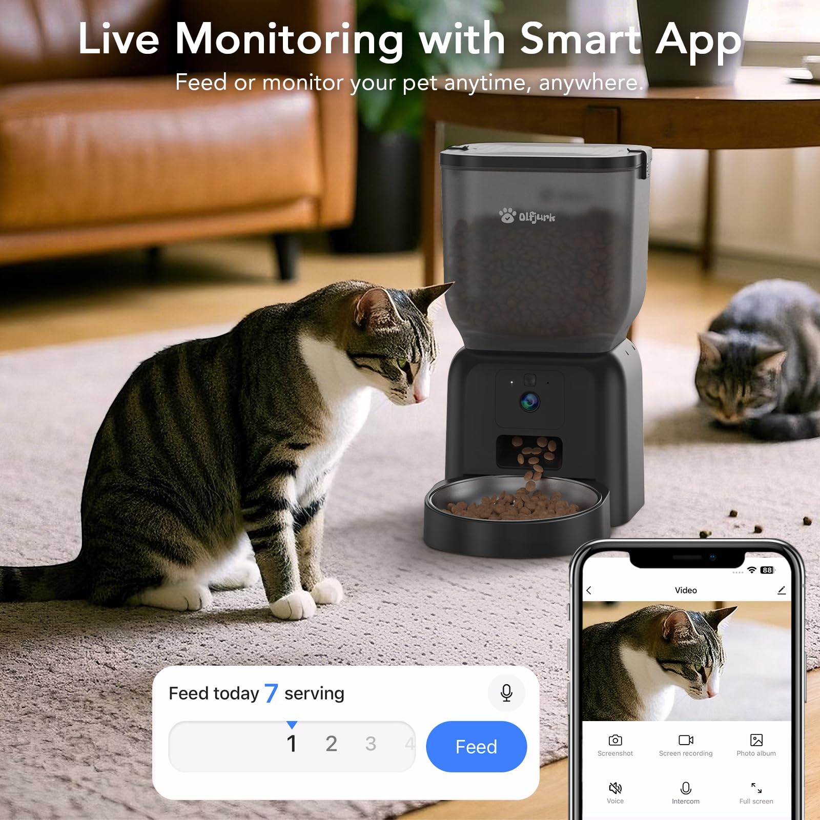 Automatic Dog & Cat Feeder,APP Controlled with Freshness Preservation, 4L Timed Cat Feeder with Timer Programmable, HD Camera for Voice and Video Recording (Black - image 2