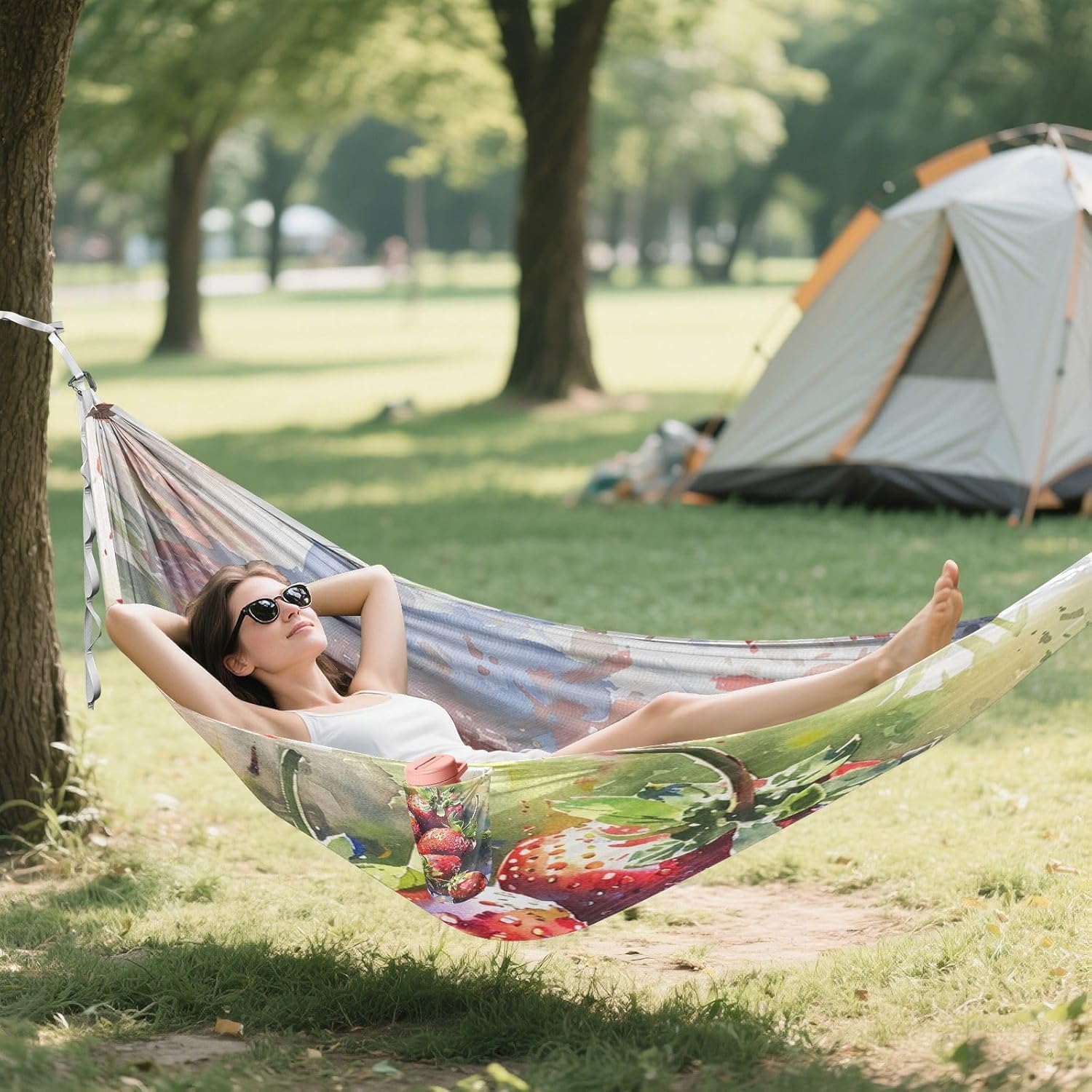 ALAZA Strawberry Watercolour Camping Hammocks Single or 2 Person 500 lbs Portable Parachute Travel Hammock w/Tree Straps for Hiking Backpacking Indoor Outdoor