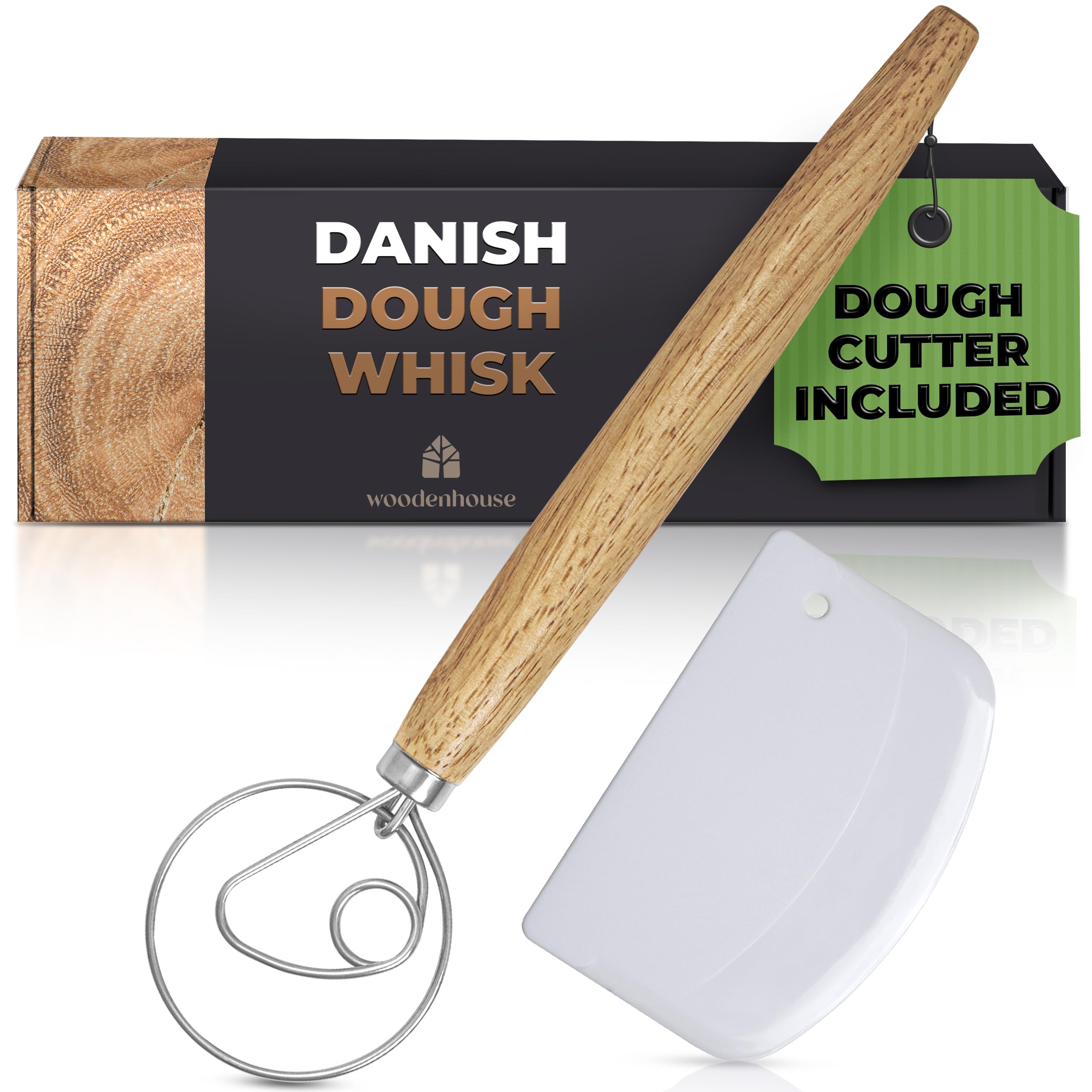 Danish Dough Whisk, Sourdough Bread Whisk 13" with Dough Cutter - Sourdough Mixer Tool for Baking with Stainless Steel Hook, for Bread, Pizza, Pastry, Cake Batter