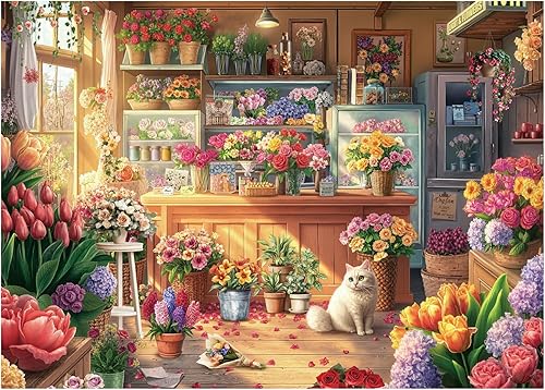 Flower Colorful Shop - Rompecabezas de 1000 piezas para adultos, rompecabezas de cabaña de plantas florales de primavera, rompecabezas vintage de