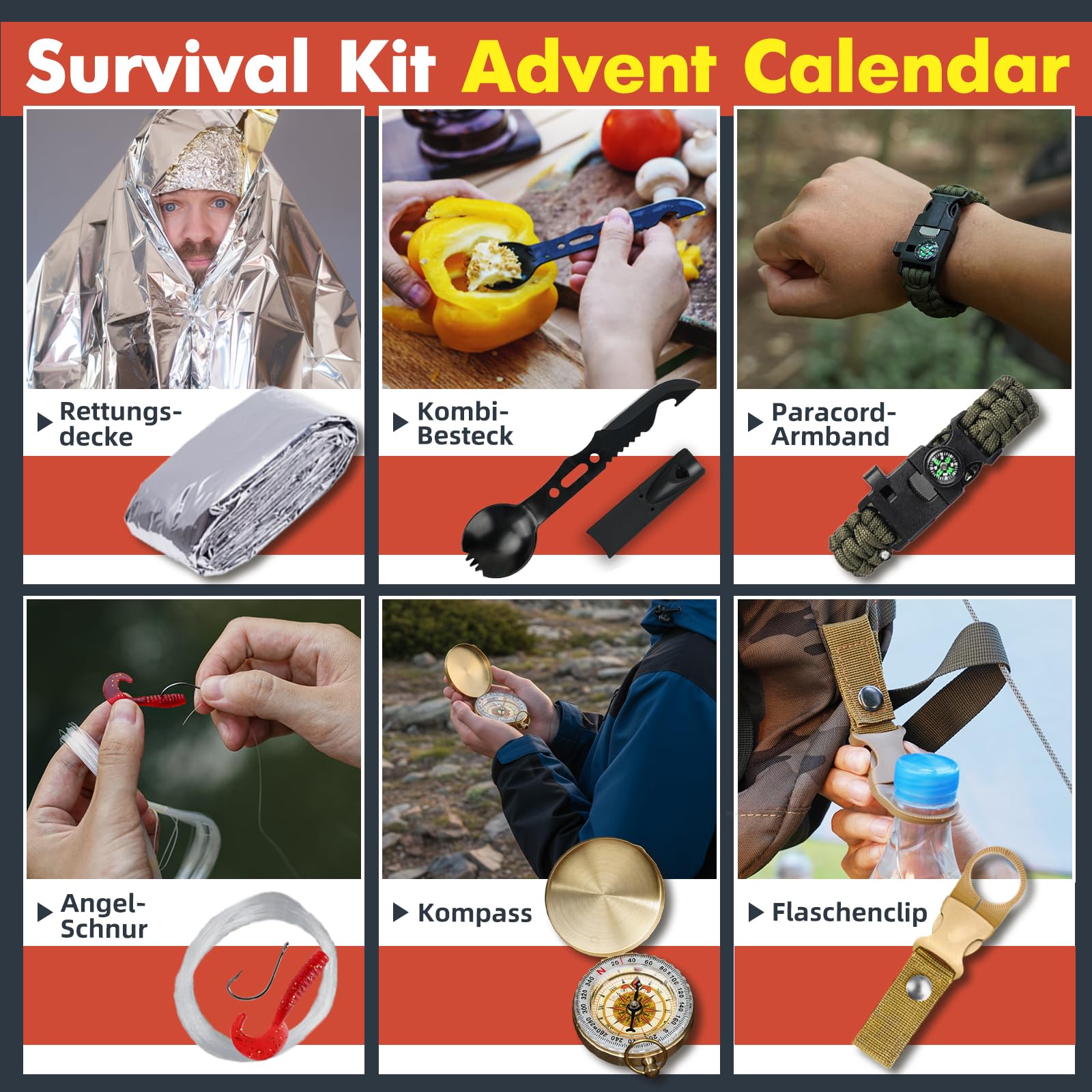 Survival Kit Adventskalender 2025 für Männer-24 Tage Weihnachts Countdown Outdoor Werkzeug–Survival Ausrüstung für Camping, Angeln-Coole Weihnachtsgeschenke Gadgets für Herren Erwachsene Teenager